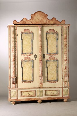 Image 26678970 - Baroque cabinet, Austria, around 1800, 2 doors, later painting, Front with turned columns, worked on a frame, orig. Schloss and key, approx. 226 x 152 x 55 cm, condition 2-3