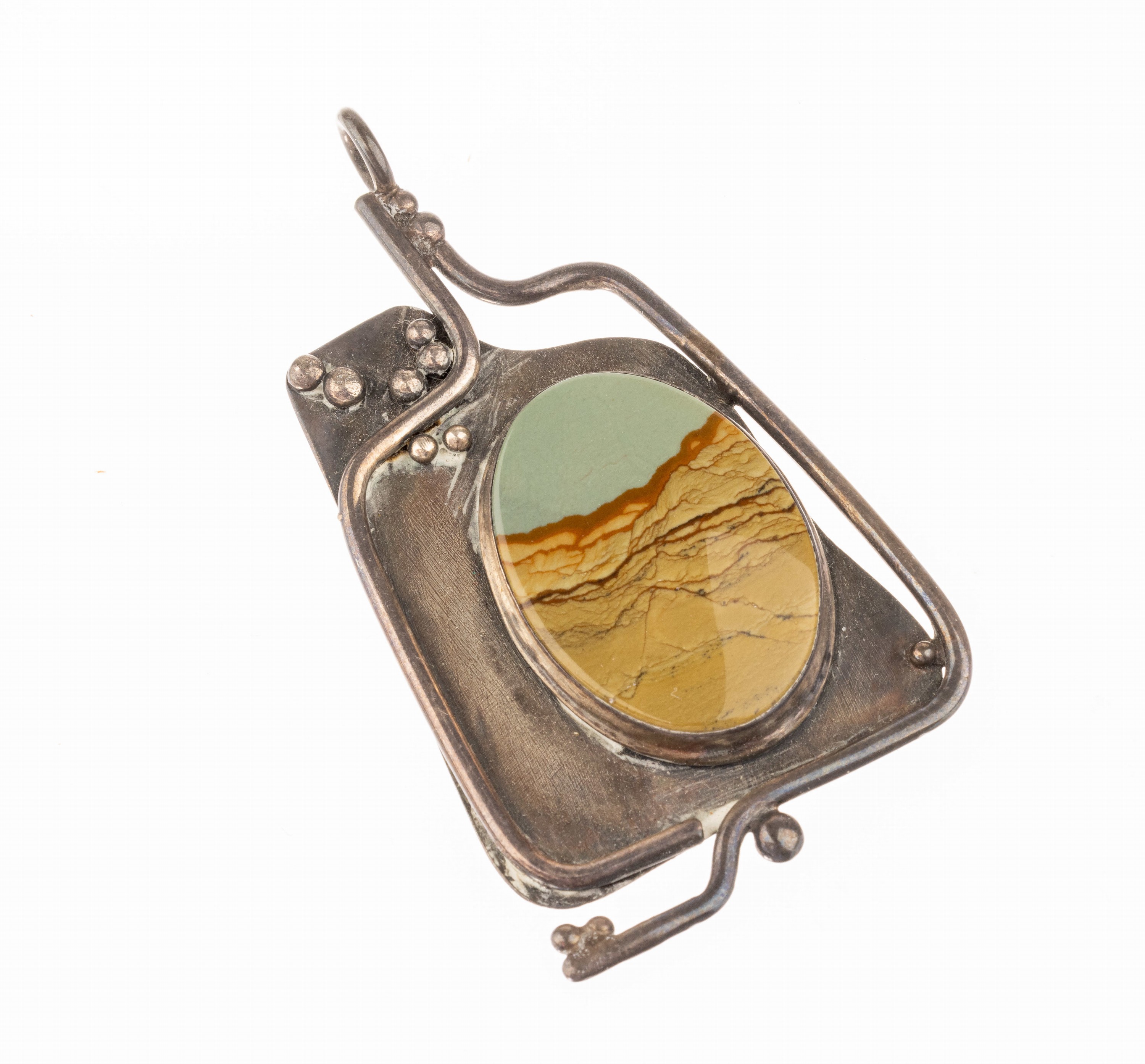 Anhänger mit Achat, Silber, 1950/60er Jahre, Meistermarke ungedeutet, mittig Landschaftsachatcabochon, erhaben gefasst, ausgefallenes Design, mit ...