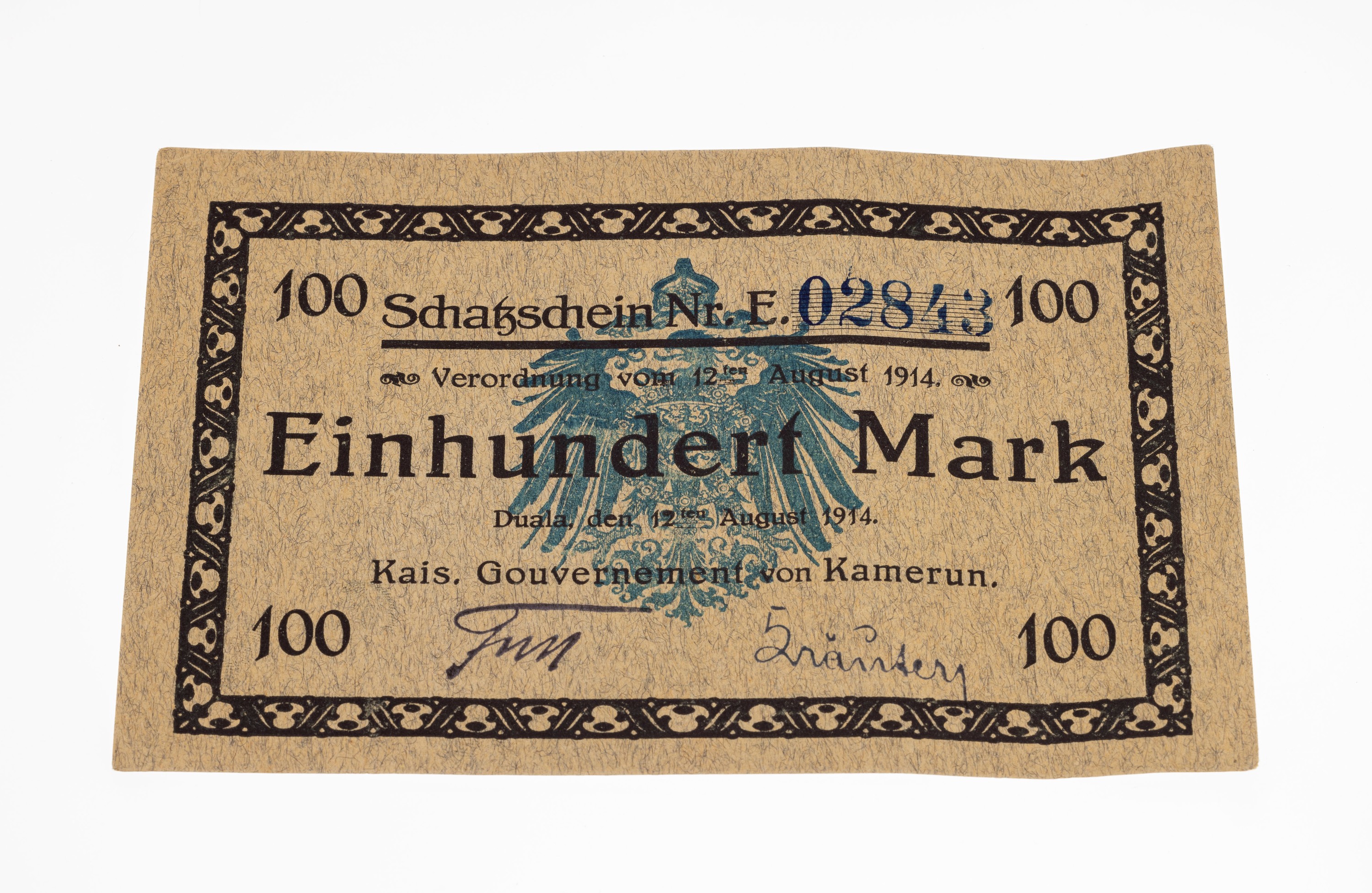 Banknote, 100 Mark, Deutsches Reich, 1914, Schatzschein des kaiserl. Gouvernement von Kamerun, Duala den 12. August 1914, Seriennummer: E-02843, ...