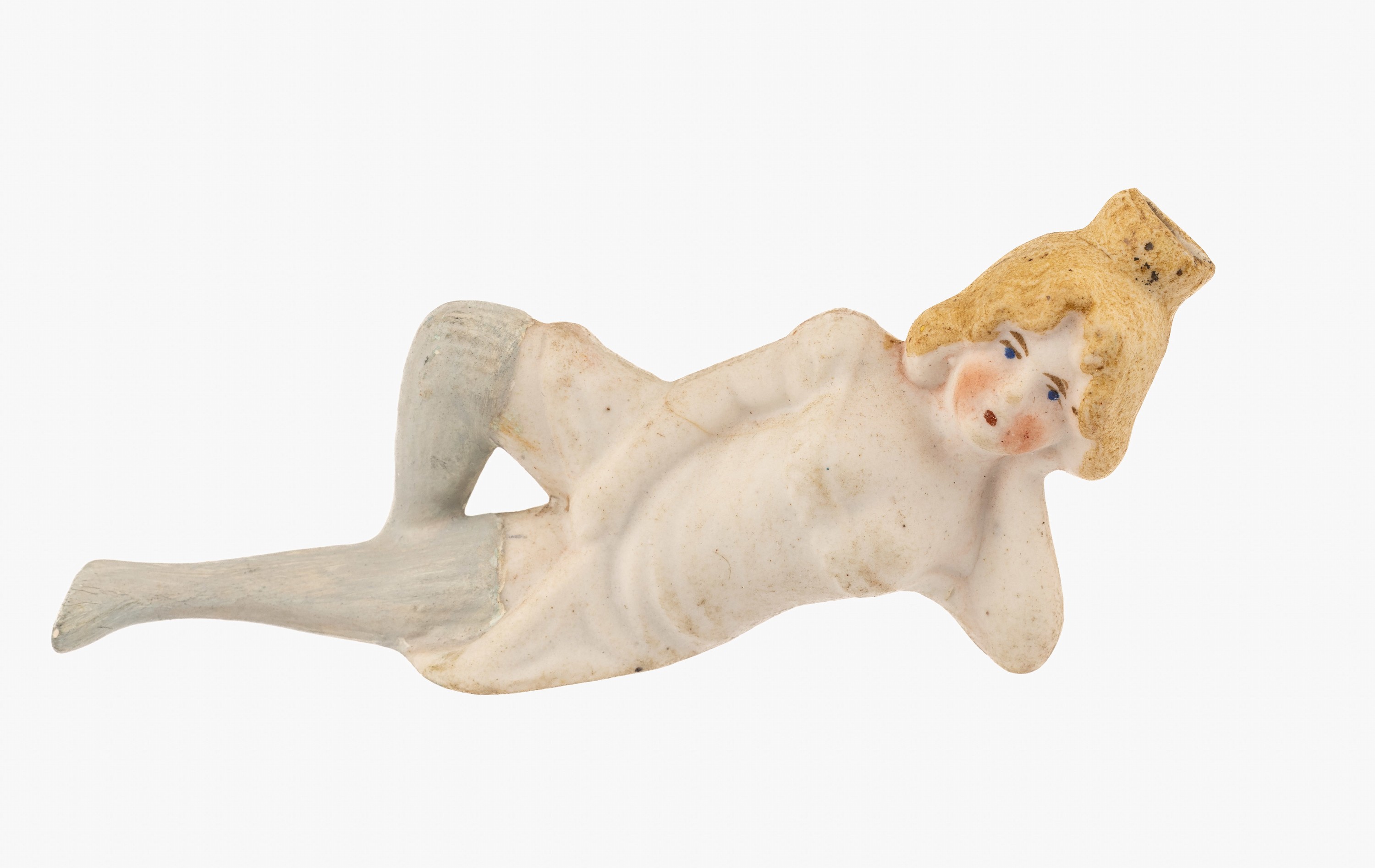 Erotische Duftpuppe um 1900, Bisquit-Porzellan bunt staffiert, L. ca. 10 cm, Stöpsel fehlt