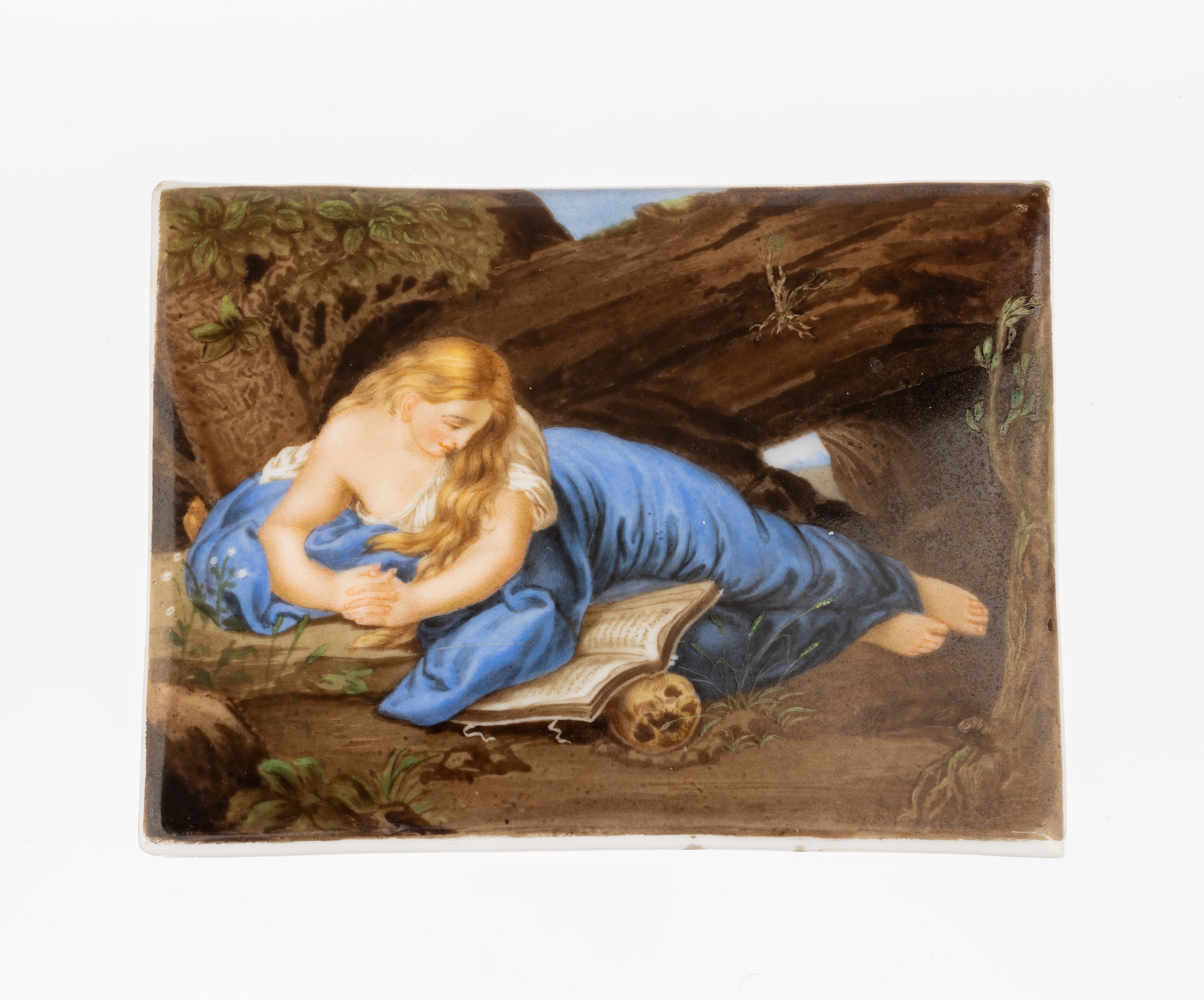 Porzellanplatte mit feiner Malerei, wohl deutsch um 1900, rücks. Schwertermarke, feine Malerei mit lesender jungen Frau in Landschaft, feine ...