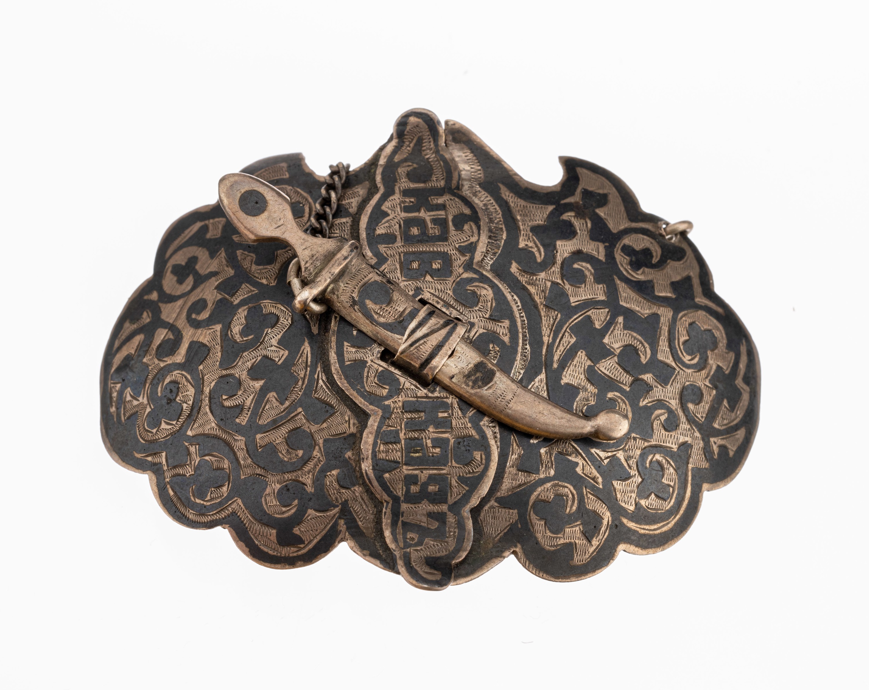 Gürtelschließe Russland um 1900, 84er Silber, Meistermarke OA, zeittyp. Sicherung mit Säbel, Sicherheitskettchen, ca. 6.5 x 5 cm