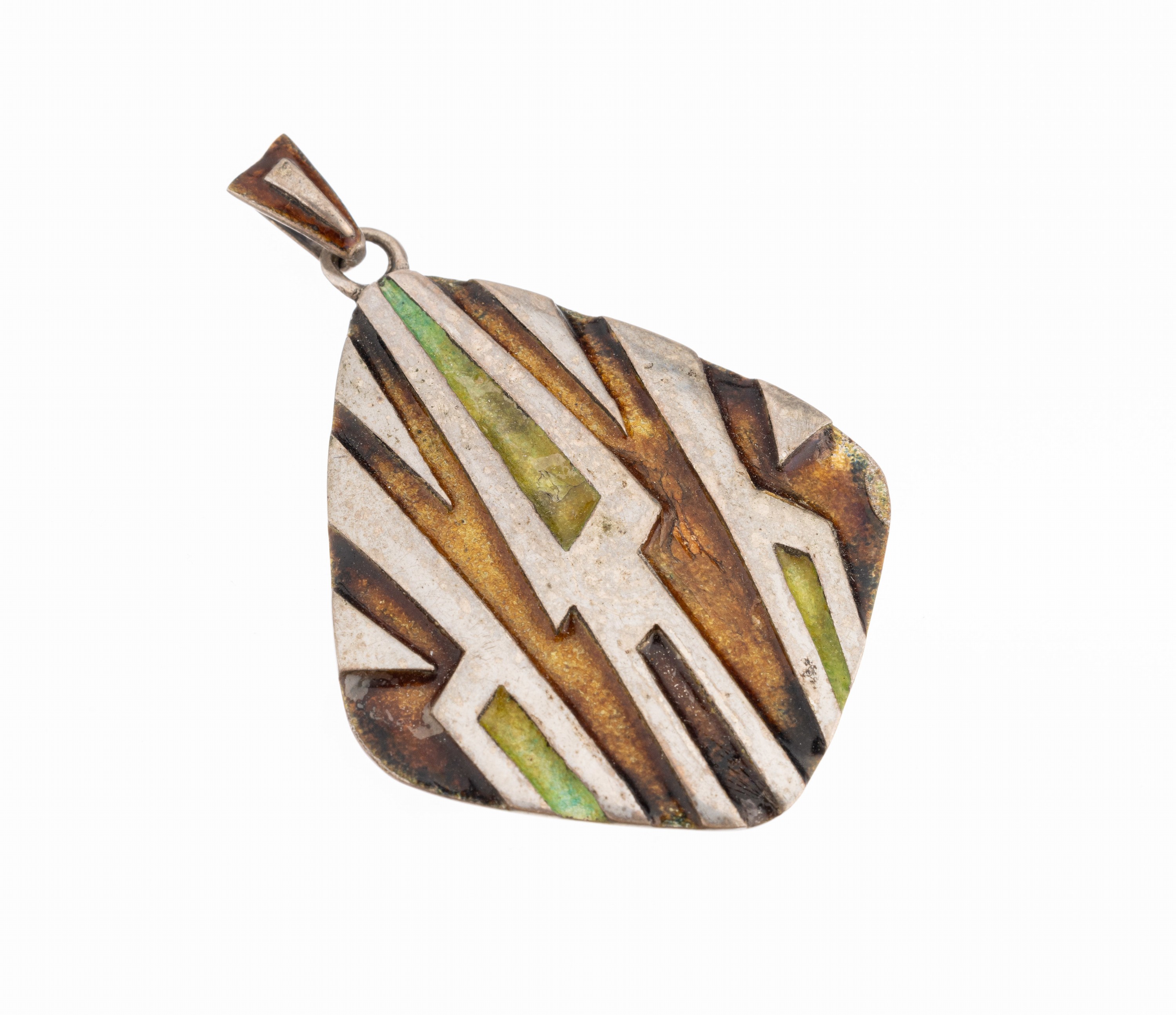 Designeranhänger, deutsch 1960er Jahre, 800er Silber, Meistermarke ungedeutet, in versch. Grün- und Brauntönen emailliert, wuchtig, ca. 5.5 x 4 cm