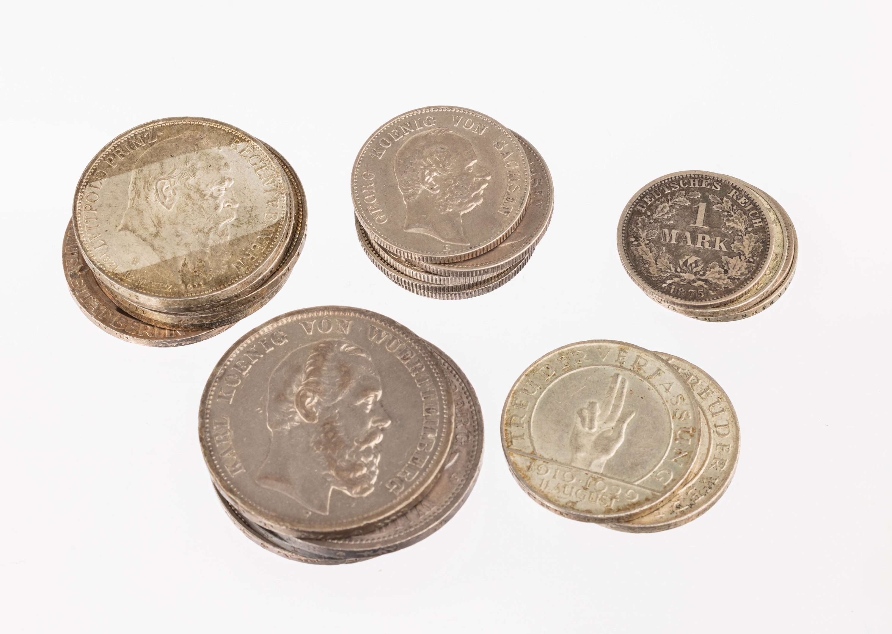 Lot 41 Silbermünzen Deutsches Reich, 4 x 5 Mark; 18 X 3 Mark; 13 x 2 Mark; 1 x 1 Mark, 2 x 2 Reichsmark; 2 x 3 Reichsmark