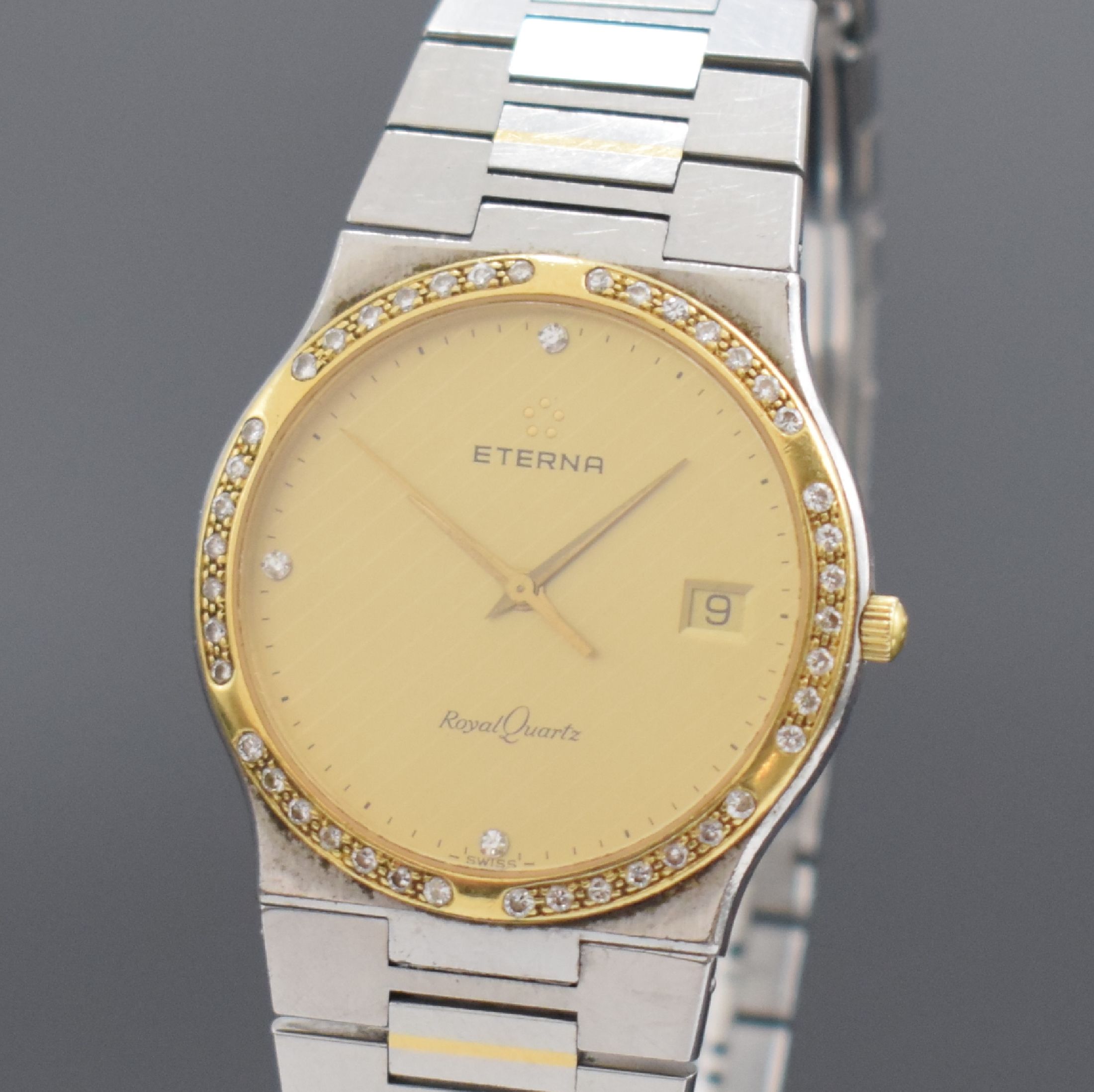 Detail a: ETERNA Royal Quartz Armbanduhr mit Diamanten in Stahl/Gold Referenz 156.4244.45, Schweiz um 1990, quarz, orig. Gliederband m. Faltschl., Boden ...