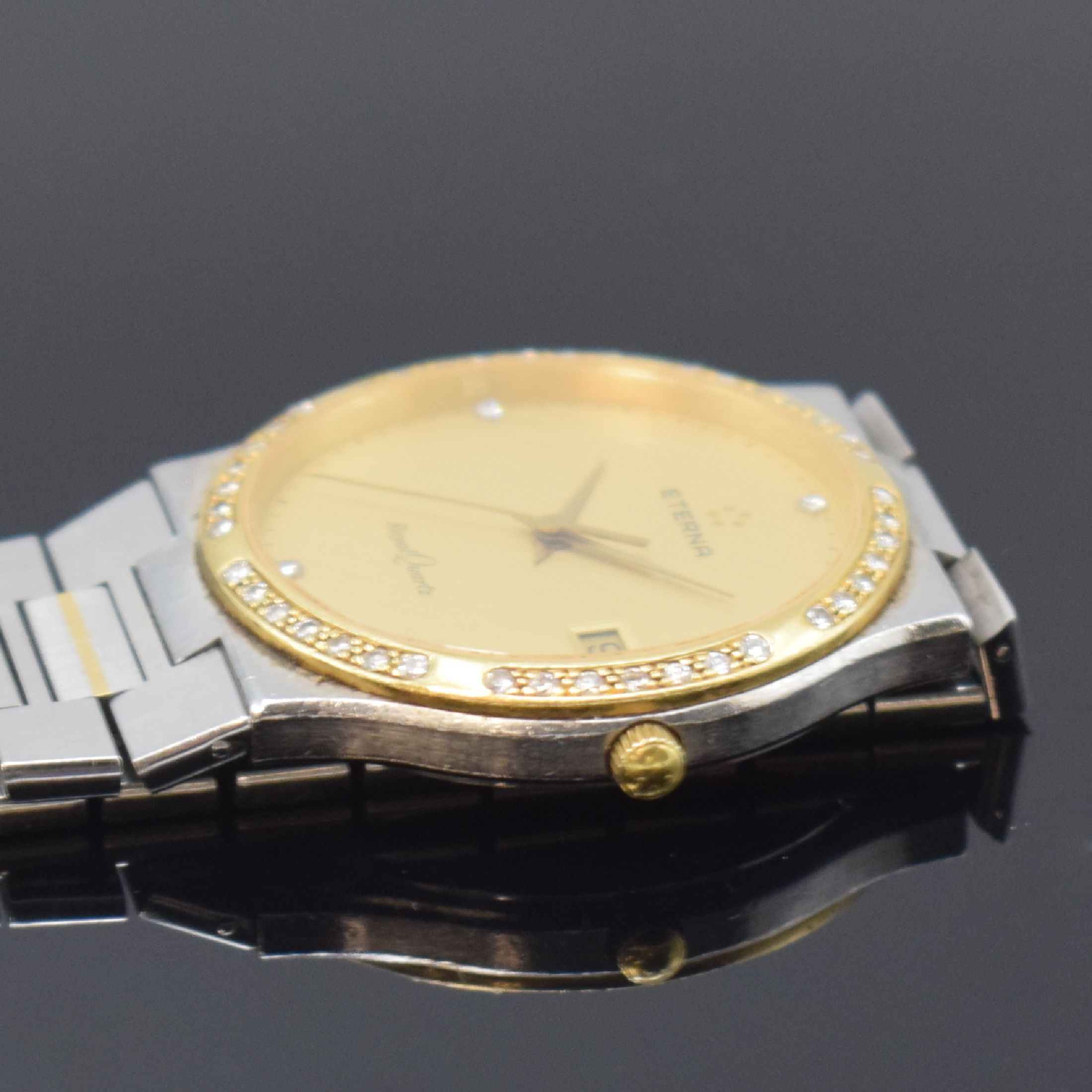 Detail c: ETERNA Royal Quartz Armbanduhr mit Diamanten in Stahl/Gold Referenz 156.4244.45, Schweiz um 1990, quarz, orig. Gliederband m. Faltschl., Boden ...