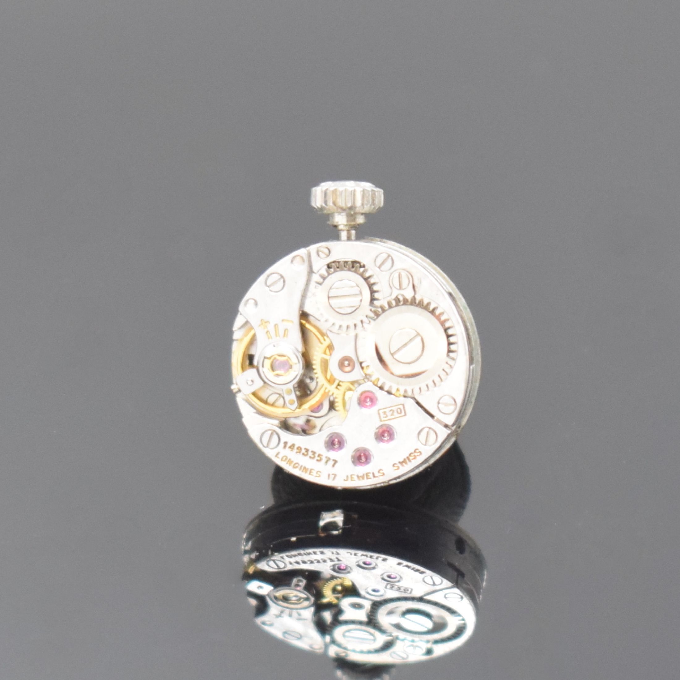 Detail f: Art-Deco Damenarmbanduhr mit Longines Werk und Diamanten in WG 750/000, Schweiz um 1960, Handaufzug, Geh. u. Band bezeichnet Eszeha, Boden aufgedr., ...