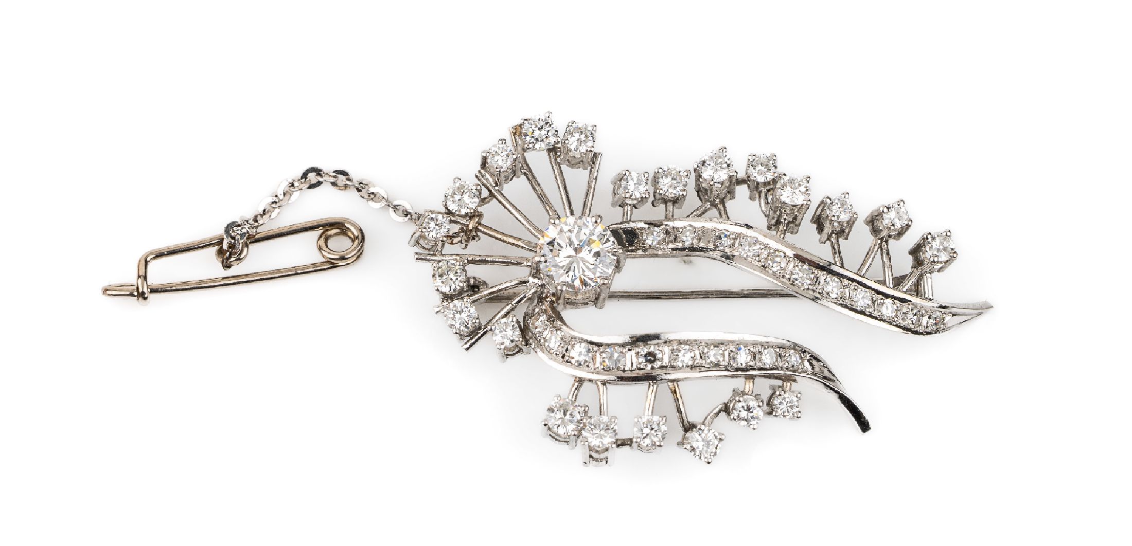 14 kt Gold Diamant-Brosche, WG 585/000, 44 Brillanten und 8/8-Diamanten zus. ca. 2.50 ct Weiß/vs-si, ca. 5 x 2.5 cm, ca. 9.8 g, mit ...