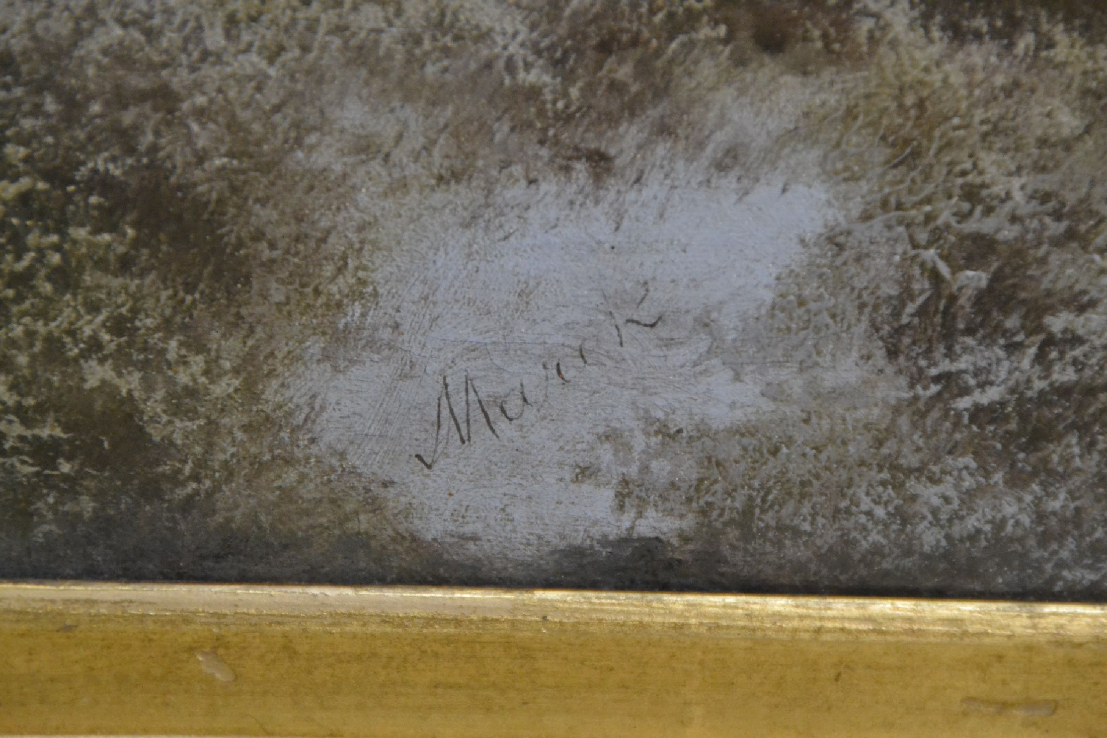 Detail b: Hans Marek, 1923-2006, Münchner Schule, sonnenbeschienene Winterlandschaft, mittig unten signiert, Öl/Platte, vergoldeter Prunkrahmen, ...