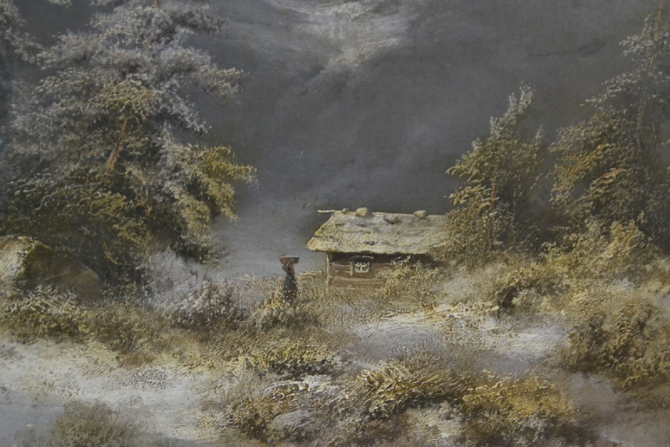 Detail d: Hans Marek, 1923-2006, Münchner Schule, sonnenbeschienene Winterlandschaft, mittig unten signiert, Öl/Platte, vergoldeter Prunkrahmen, ...