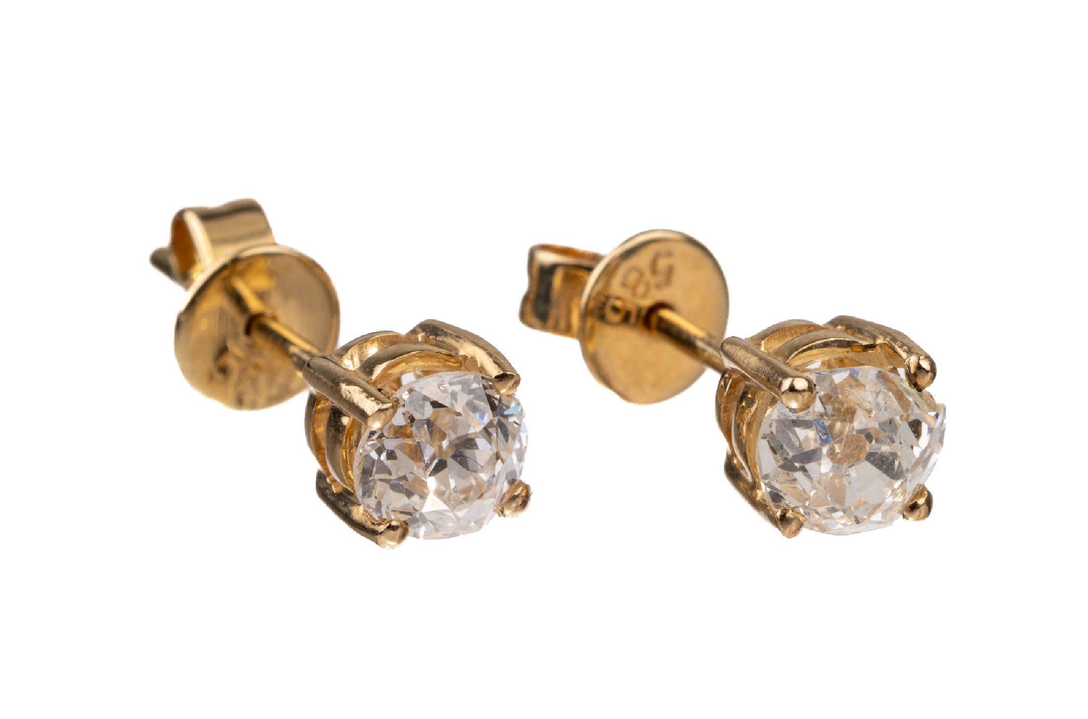 Paar 14 kt Gold Diamant-Ohrstecker, GG 585/000, 2 Altschliffdiamanten zus. ca. 0.92 ct Weiß-l.get.Weiß/si (1 Stein min. besch.)