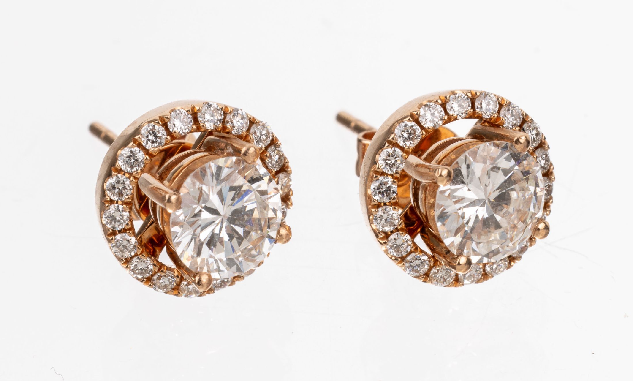 Paar 18 kt Gold Brillant-Ohrstecker, RG 750/000, 2 Brillanten zus. ca. 1.30 ct Weiß/vs-si, abnehmbare Kränze mit 36 Brillanten zus. ca. 0.30 ct ...