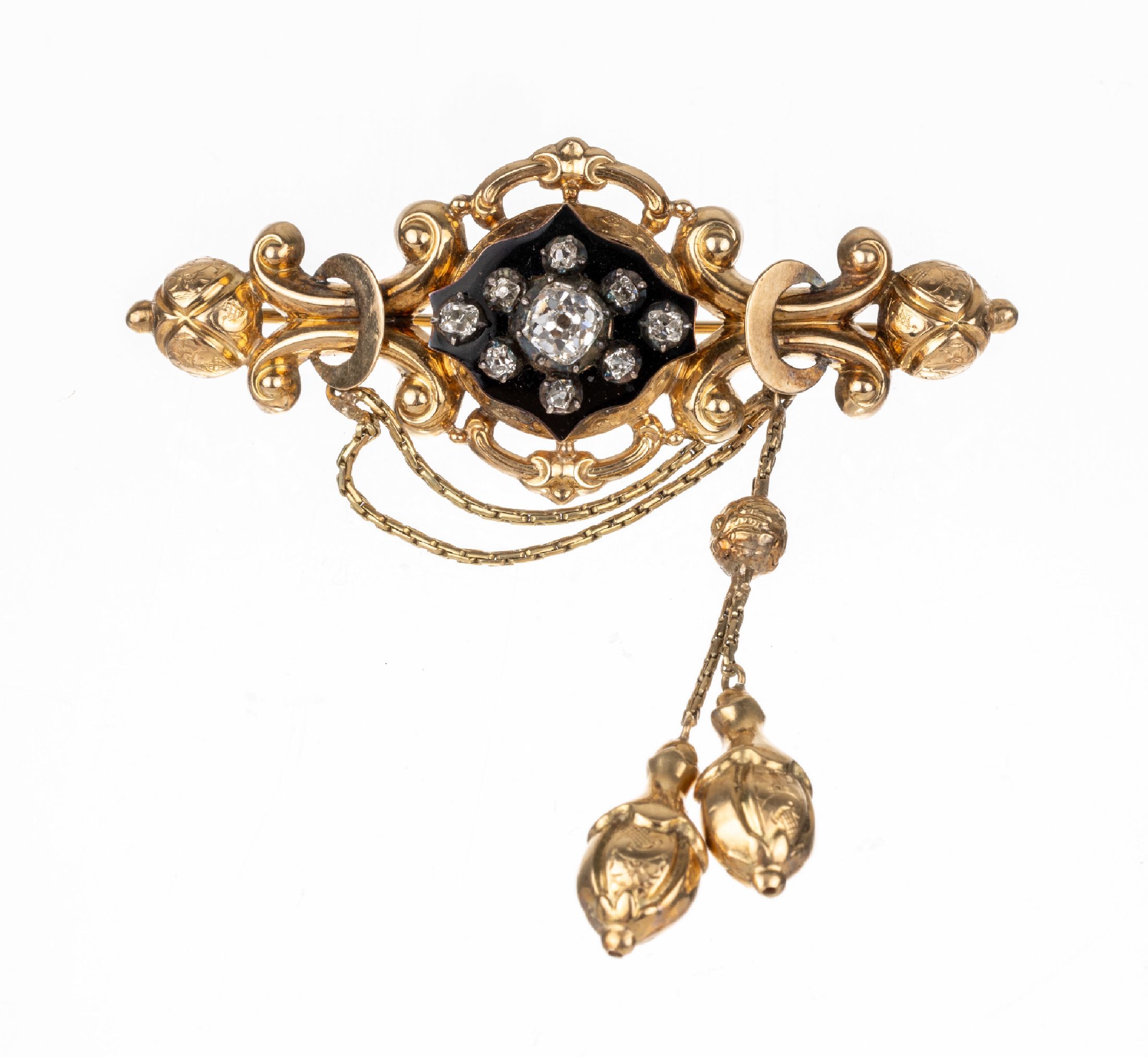 14 kt Gold Biedermeier Diamant-Brosche, um 1840, GG 585/000 gepr., hohl gearbeitet, geschwungene Gestaltung mit bewegl. Abhängungen, mittig schwarz ...