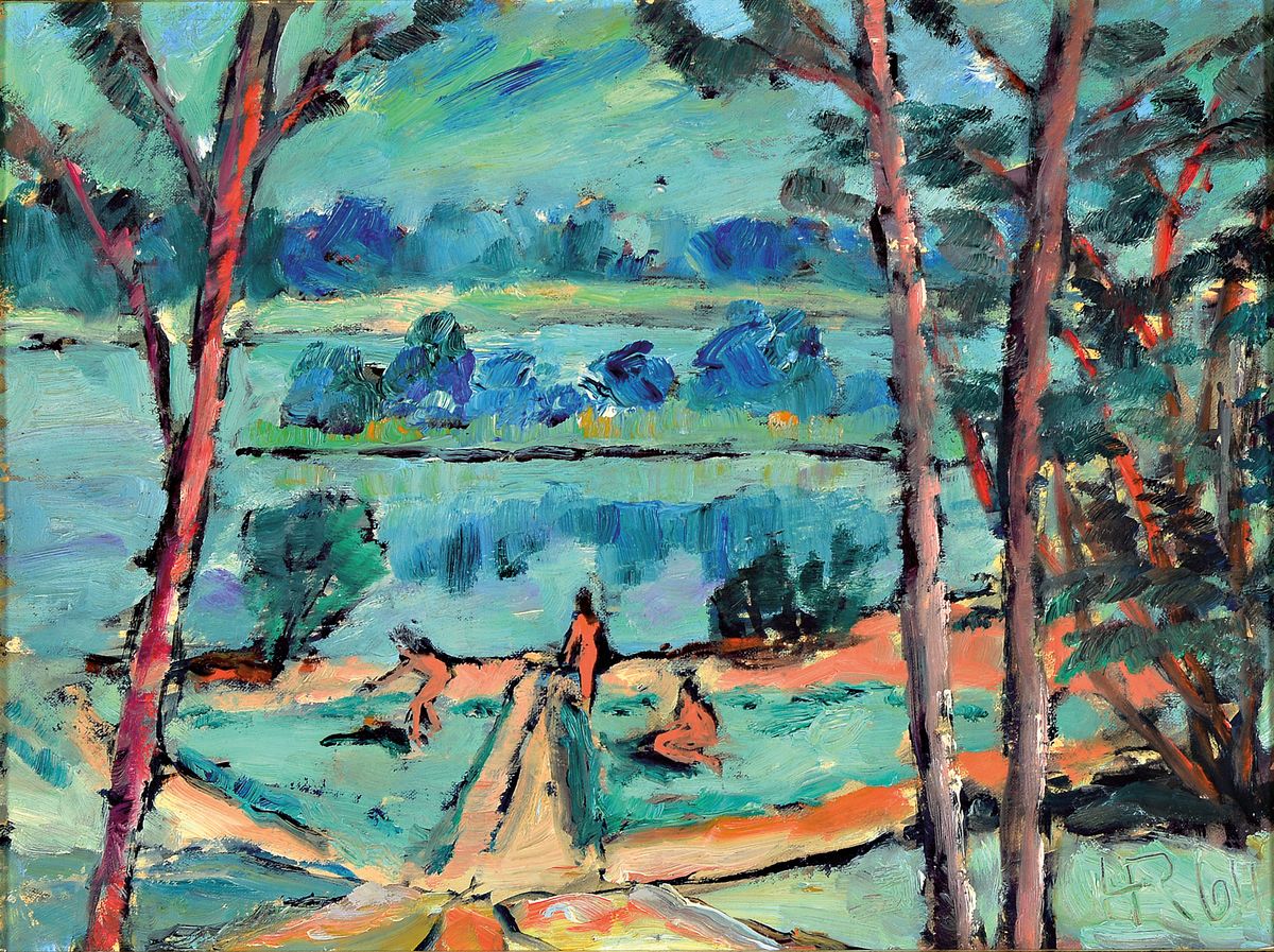 Heinz Reiss, 1923- 2012 Hassloch, Badende am Altrhein und Boote am Altrhein, zwei Ölgemälde, Öl/Platte, beide signiert, ca. 30 x 40 cm, l. ...