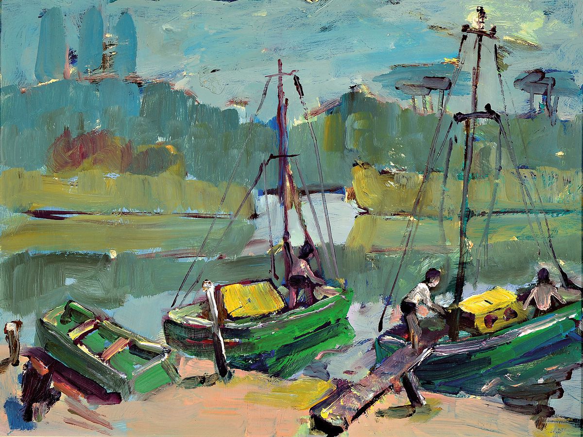 Detail a: Heinz Reiss, 1923- 2012 Hassloch, Badende am Altrhein und Boote am Altrhein, zwei Ölgemälde, Öl/Platte, beide signiert, ca. 30 x 40 cm, l. ...