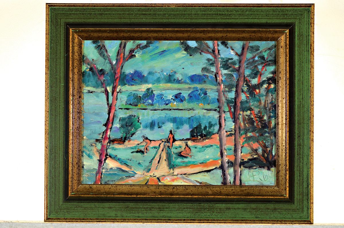 Detail k: Heinz Reiss, 1923- 2012 Hassloch, Badende am Altrhein und Boote am Altrhein, zwei Ölgemälde, Öl/Platte, beide signiert, ca. 30 x 40 cm, l. ...