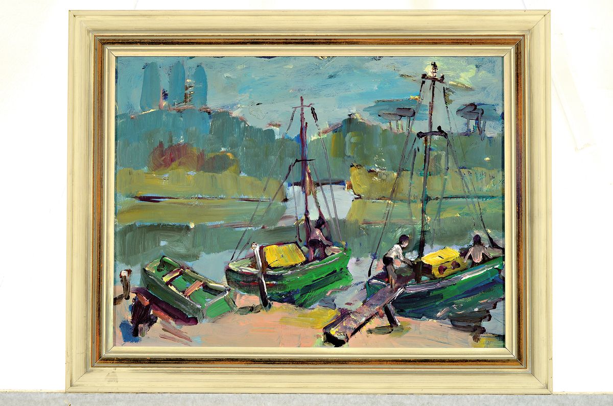 Detail l: Heinz Reiss, 1923- 2012 Hassloch, Badende am Altrhein und Boote am Altrhein, zwei Ölgemälde, Öl/Platte, beide signiert, ca. 30 x 40 cm, l. ...