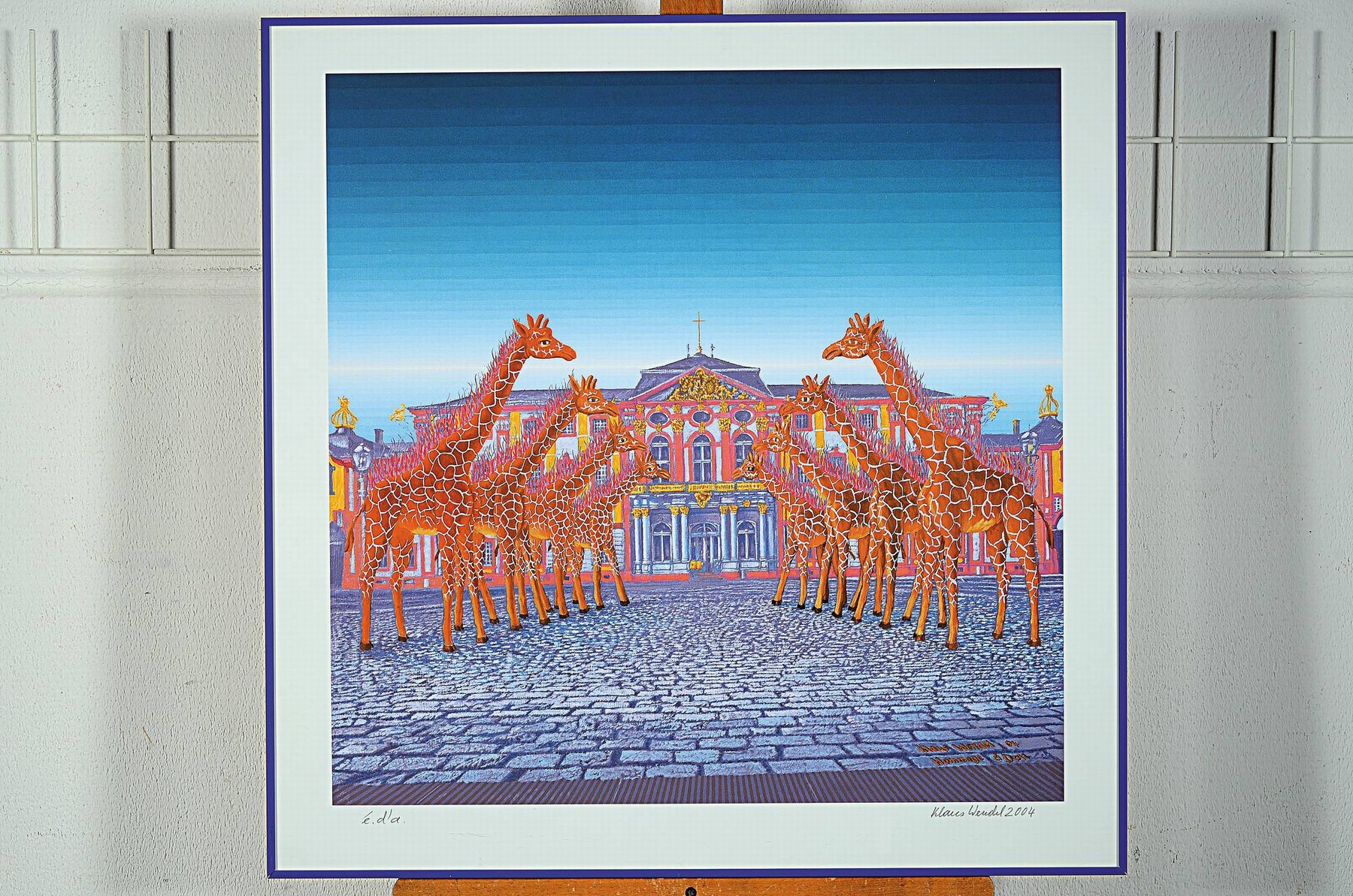 Detail k: Klaus Wendel, 1935 - 2005, STudium an der Akademie Karlsruhe bei Karl Hubbuch, hier: HOmmage a Dali von 2004, brennende Giraffen vor BRuchsaler ...