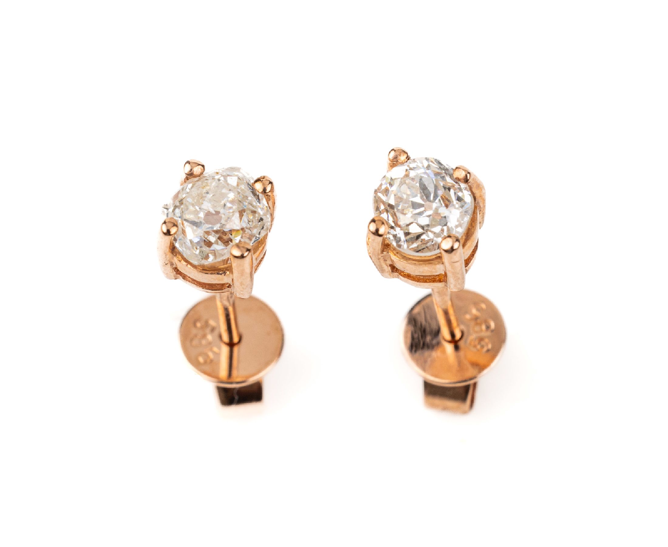 Paar 14 kt Gold Diamant-Ohrstecker, RG 585/000, 2 Altschliffdiamanten zus. ca. 0.75 ct Weiß-l.get.Weiß/si-p