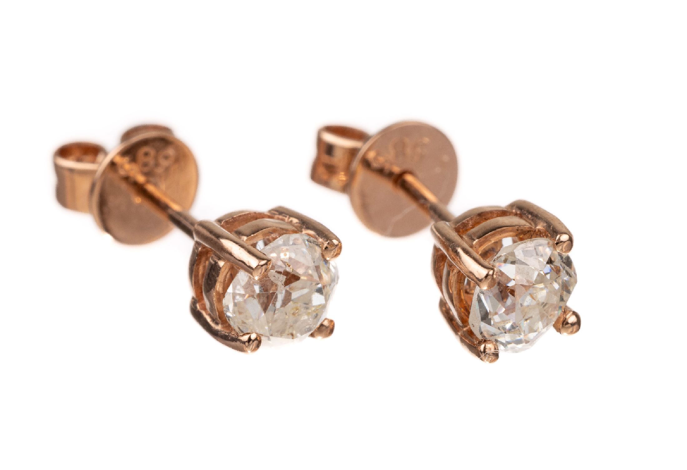 Detail a: Paar 14 kt Gold Diamant-Ohrstecker, RG 585/000, 2 Altschliffdiamanten zus. ca. 0.75 ct Weiß-l.get.Weiß/si-p