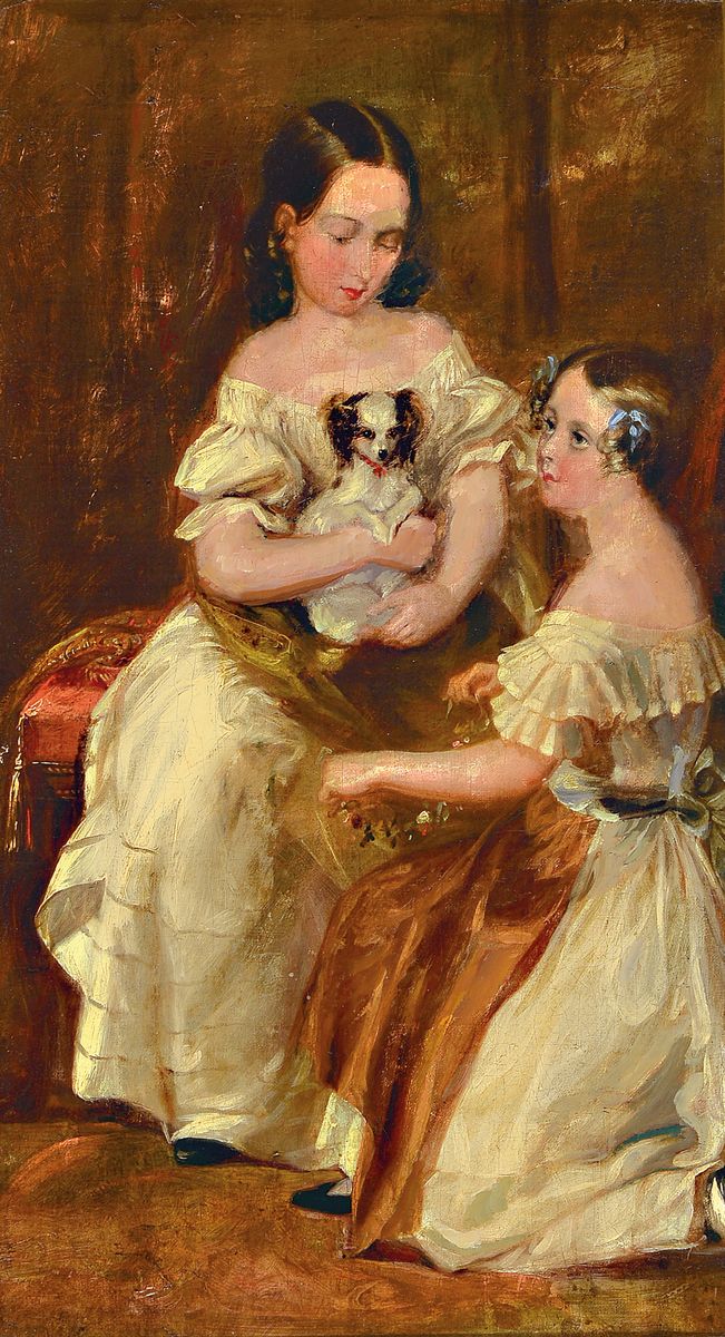 Zuschreibung: Daniel Maclise, 1806-1870, zwei Mädchen mit Hund, Öl/Holz, ca. 52x28cm, Prunkrahmen mit Namen ca. 78x55