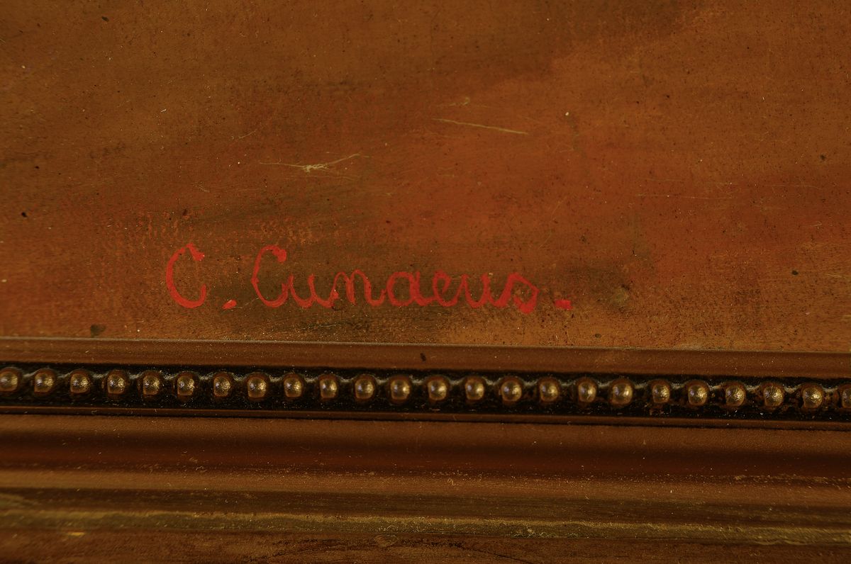Detail a: Conradijn Cunaeus, 1828-1895, Porträt eines Bernhardinerhundes in Landschaft, Öl/Lwd, li. unten sign., ca. 51x64cm, Prunkrahmen ca. 91x103 cm