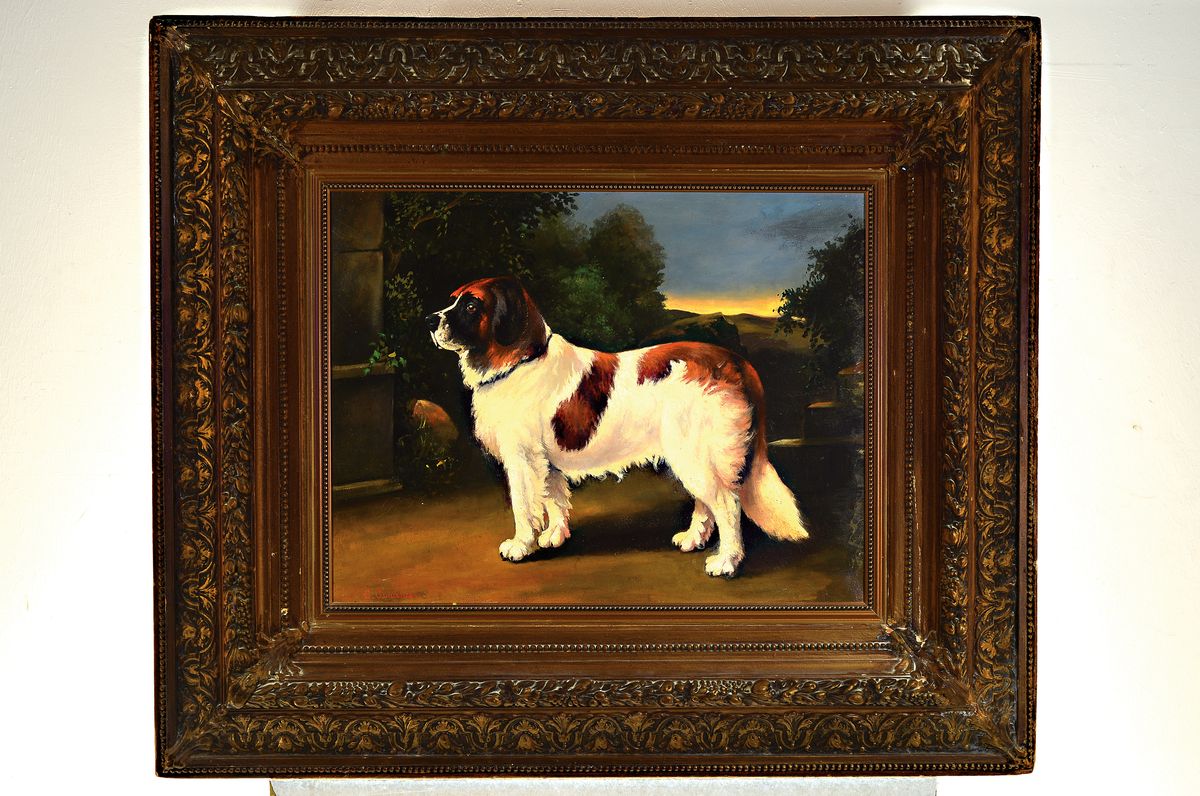 Detail k: Conradijn Cunaeus, 1828-1895, Porträt eines Bernhardinerhundes in Landschaft, Öl/Lwd, li. unten sign., ca. 51x64cm, Prunkrahmen ca. 91x103 cm