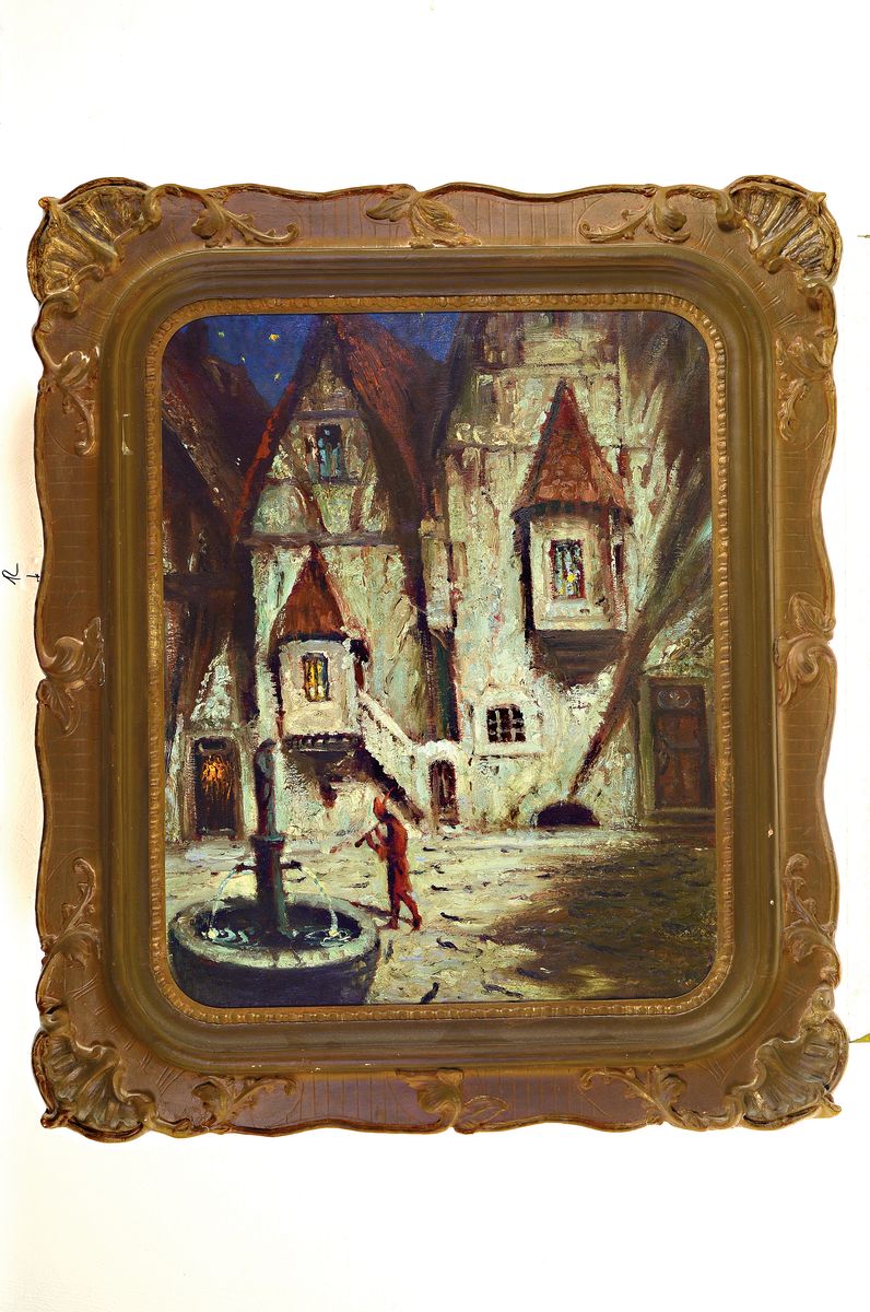 Detail k: Hein. Hendrich, Der Rattenfänger zu Hameln, Öl/Holz, rechts unten signiert, ca. 60x57cm, R. ca. 92x78cm