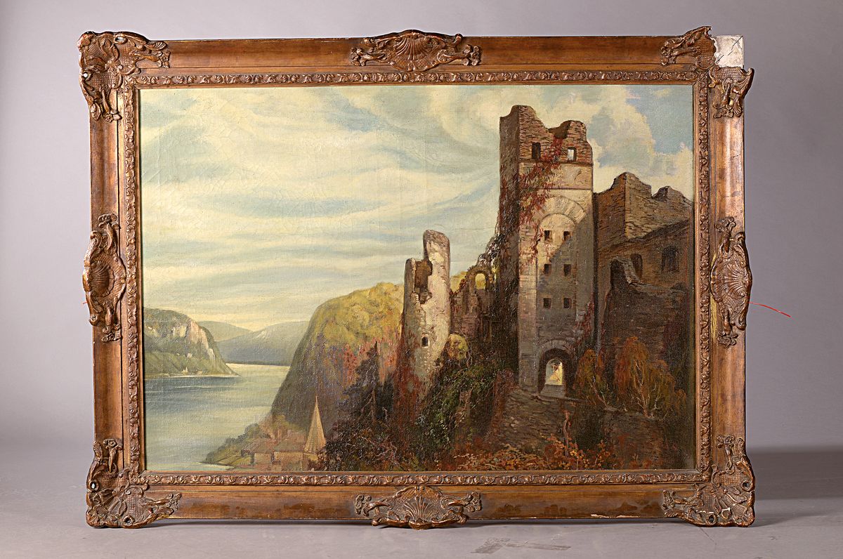 Detail k: Fritz (Friedrich Gustav A.) von Wille, 1860-1941, Weite Landschaft mit Flusstal u. Burgruine, Öl/Lwd, rechts unten signiert, ca. 90x130cm, Rahmen ...