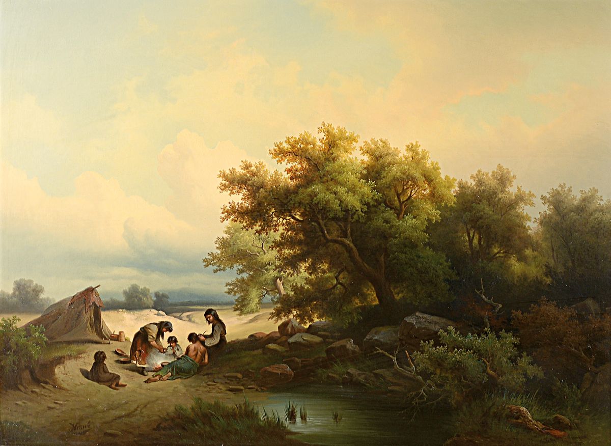 J. Hensch, Maler der Mitte des 19. Jh., Familie auf der Rast in weiter Landschaft am Waldrand, feine detailreiche Malerei, Öl/Lwd, links unten ...