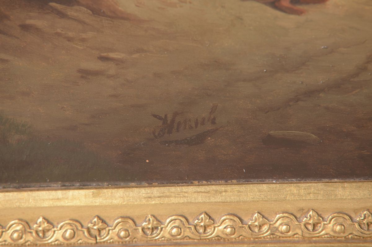 Detail a: J. Hensch, Maler der Mitte des 19. Jh., Familie auf der Rast in weiter Landschaft am Waldrand, feine detailreiche Malerei, Öl/Lwd, links unten ...