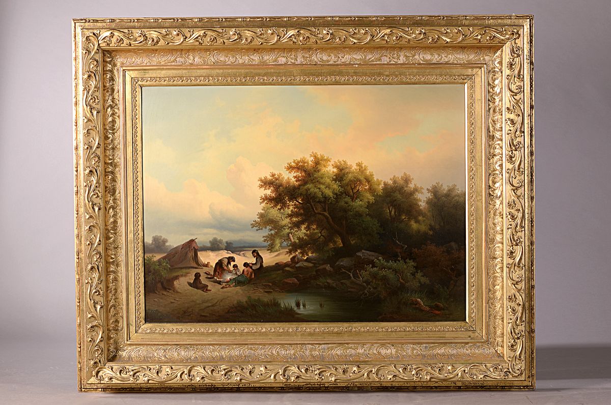 Detail k: J. Hensch, Maler der Mitte des 19. Jh., Familie auf der Rast in weiter Landschaft am Waldrand, feine detailreiche Malerei, Öl/Lwd, links unten ...