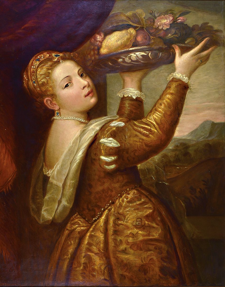 Max Fiegert, 1885-1969, bekannter Berliner Kopist, hier: Lavinia mit Früchtekorb nach Tizian, Öl/Lwd, li. u. sign. und dat. 1936, ca. 106x80cm, R. ...