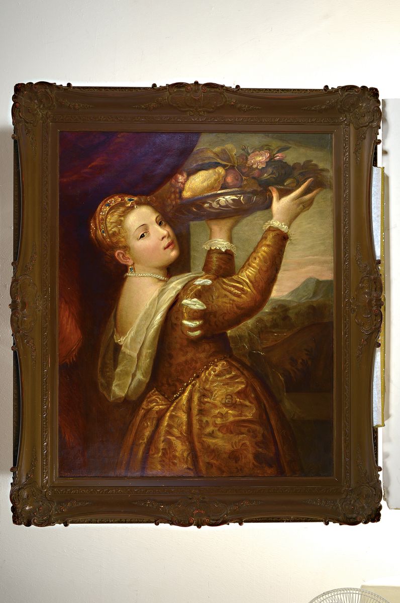 Detail k: Max Fiegert, 1885-1969, bekannter Berliner Kopist, hier: Lavinia mit Früchtekorb nach Tizian, Öl/Lwd, li. u. sign. und dat. 1936, ca. 106x80cm, R. ...