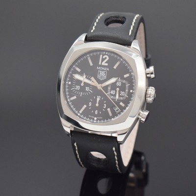 Image TAG HEUER chronograph Monza reference CR2113- 0, self winding, cushion-shaped stainless steel case, case back screwed-down 4-times, black dial with raised indices, display of hours, minutes, constant second, date & chronograph, diameter approx. 38 mm, condition 2