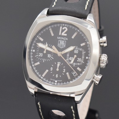 26680713a - TAG HEUER chronograph Monza reference CR2113- 0, self winding, cushion-shaped stainless steel case, case back screwed-down 4-times, black dial with raised indices, display of hours, minutes, constant second, date & chronograph, diameter approx. 38 mm, condition 2