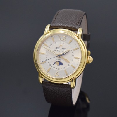 Image MAURICE LACROIX 18k yellow gold gents wristwatch from the Masterpiece series model Phase de Lune reference MP 6427, self winding, leather strap with original 18k yellow gold buckle, on both sides glazed, case back 6- times screwed, silvered duoton-dial with raised indices, display of hours, minutes, sweep seconds, day, date, month & moon phase, correction at the sides in case inserted, diameter approx. 38 mm, condition 2