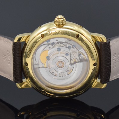 26680820e - MAURICE LACROIX 18k yellow gold gents wristwatch from the Masterpiece series model Phase de Lune reference MP 6427, self winding, leather strap with original 18k yellow gold buckle, on both sides glazed, case back 6- times screwed, silvered duoton-dial with raised indices, display of hours, minutes, sweep seconds, day, date, month & moon phase, correction at the sides in case inserted, diameter approx. 38 mm, condition 2