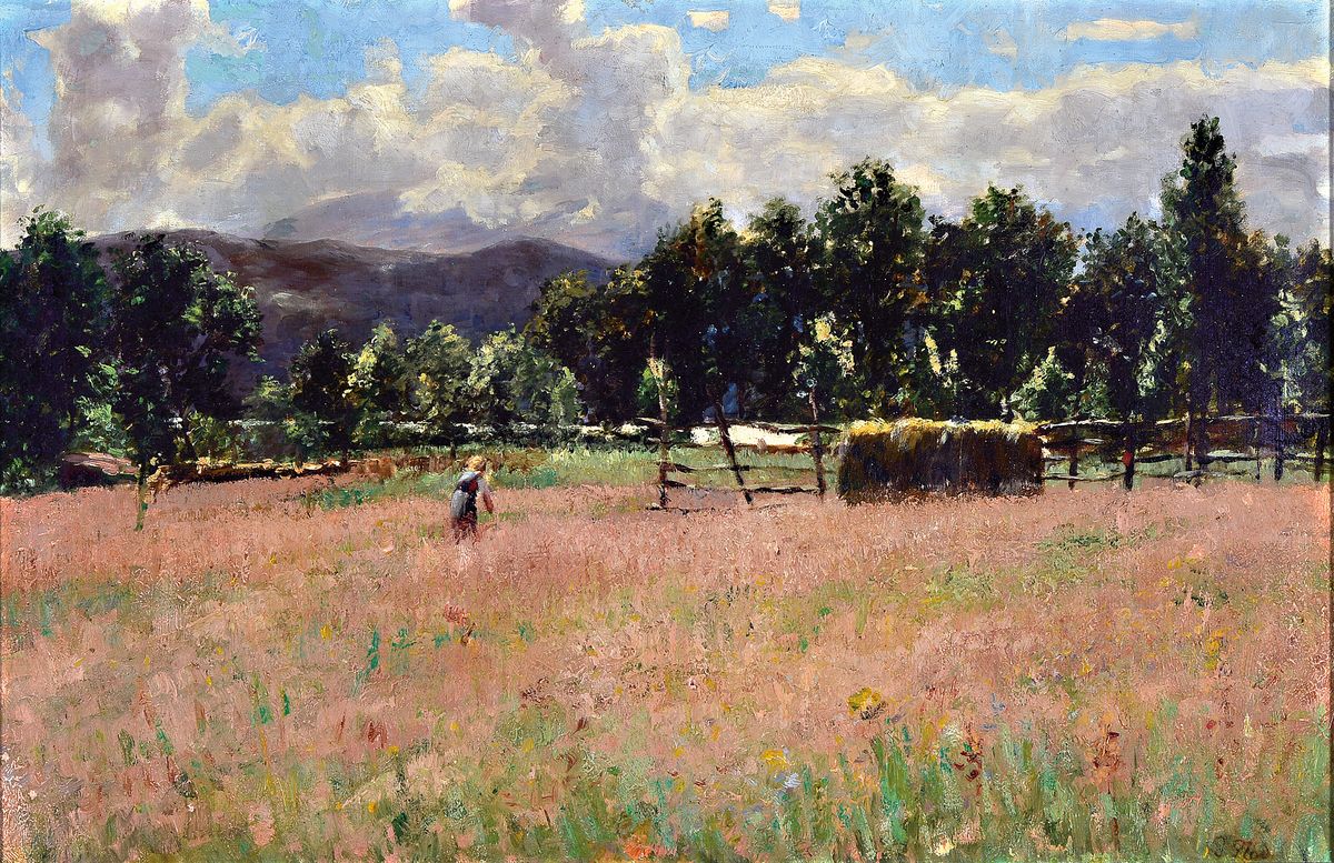 Zuschreibung Georg Flad, 1853 Heidelberg-1913 Dachau, sommerliche Landschaft mit Feldarbeiterin, rechts unten signiert "G. Flad"?, Öl/Lwd, ...