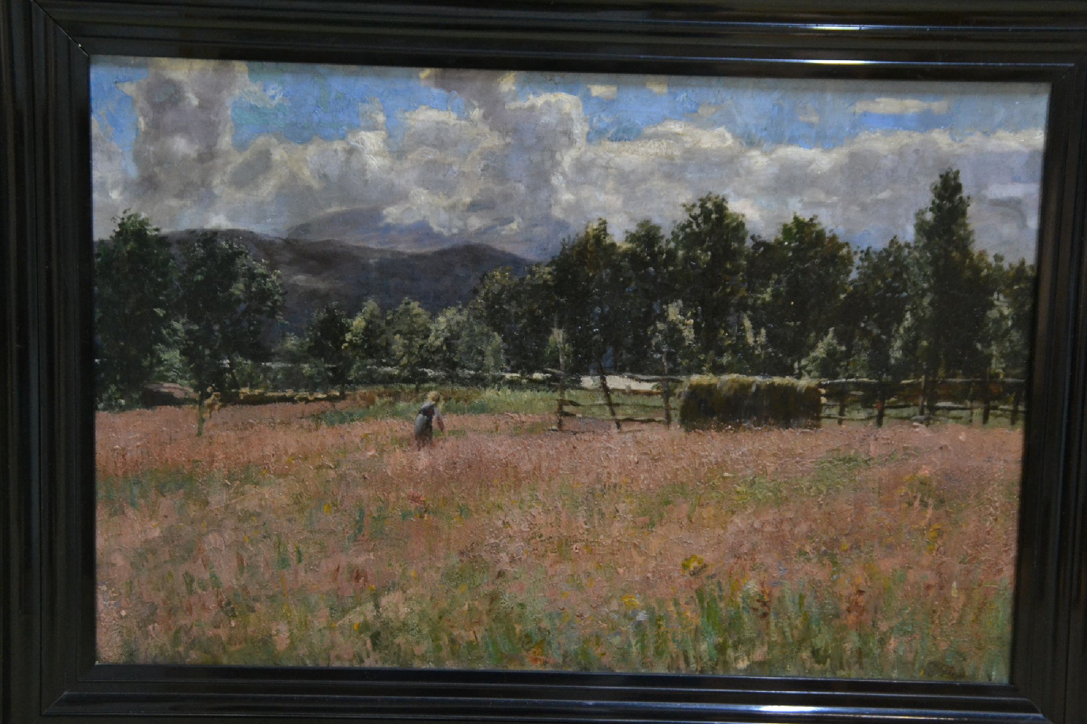 Detail b: Zuschreibung Georg Flad, 1853 Heidelberg-1913 Dachau, sommerliche Landschaft mit Feldarbeiterin, rechts unten signiert "G. Flad"?, Öl/Lwd, ...