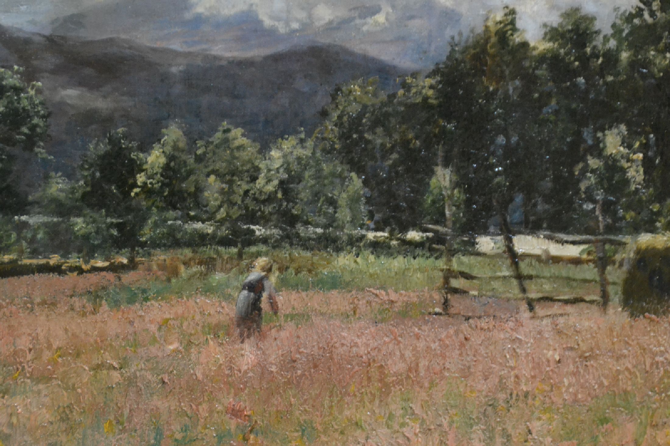 Detail c: Zuschreibung Georg Flad, 1853 Heidelberg-1913 Dachau, sommerliche Landschaft mit Feldarbeiterin, rechts unten signiert "G. Flad"?, Öl/Lwd, ...