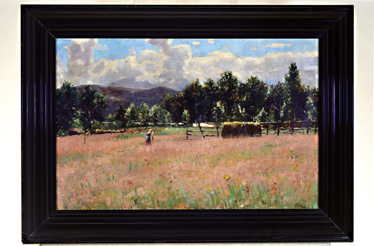 Detail k: Zuschreibung Georg Flad, 1853 Heidelberg-1913 Dachau, sommerliche Landschaft mit Feldarbeiterin, rechts unten signiert "G. Flad"?, Öl/Lwd, ...