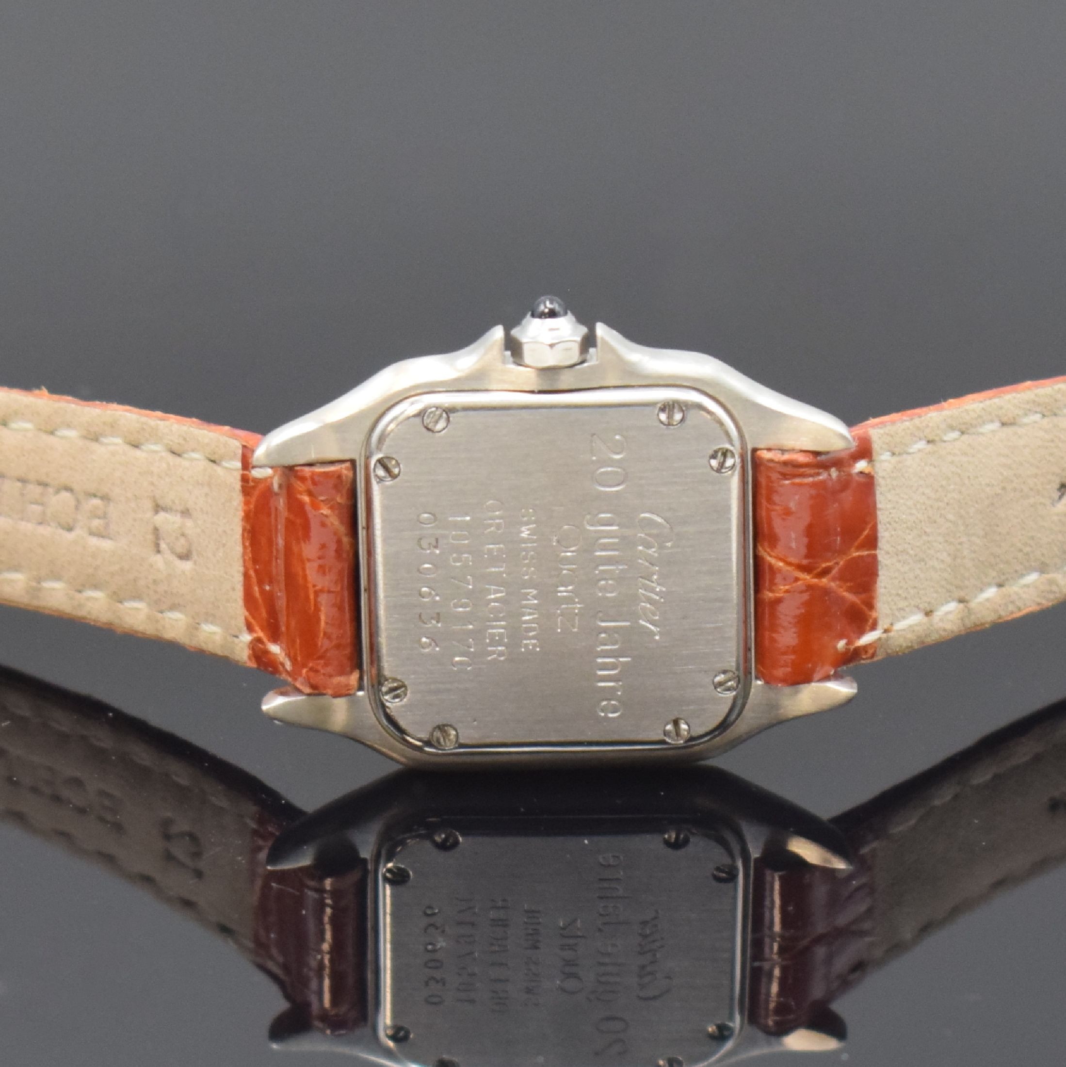 Detail c: CARTIER Panthere Damenarmbanduhr Referenz 1057917C, Schweiz um 1990, quarz, Boden mit Widmungsgravur 8-fach verschr., Schmuckkrone, Lederband, ...