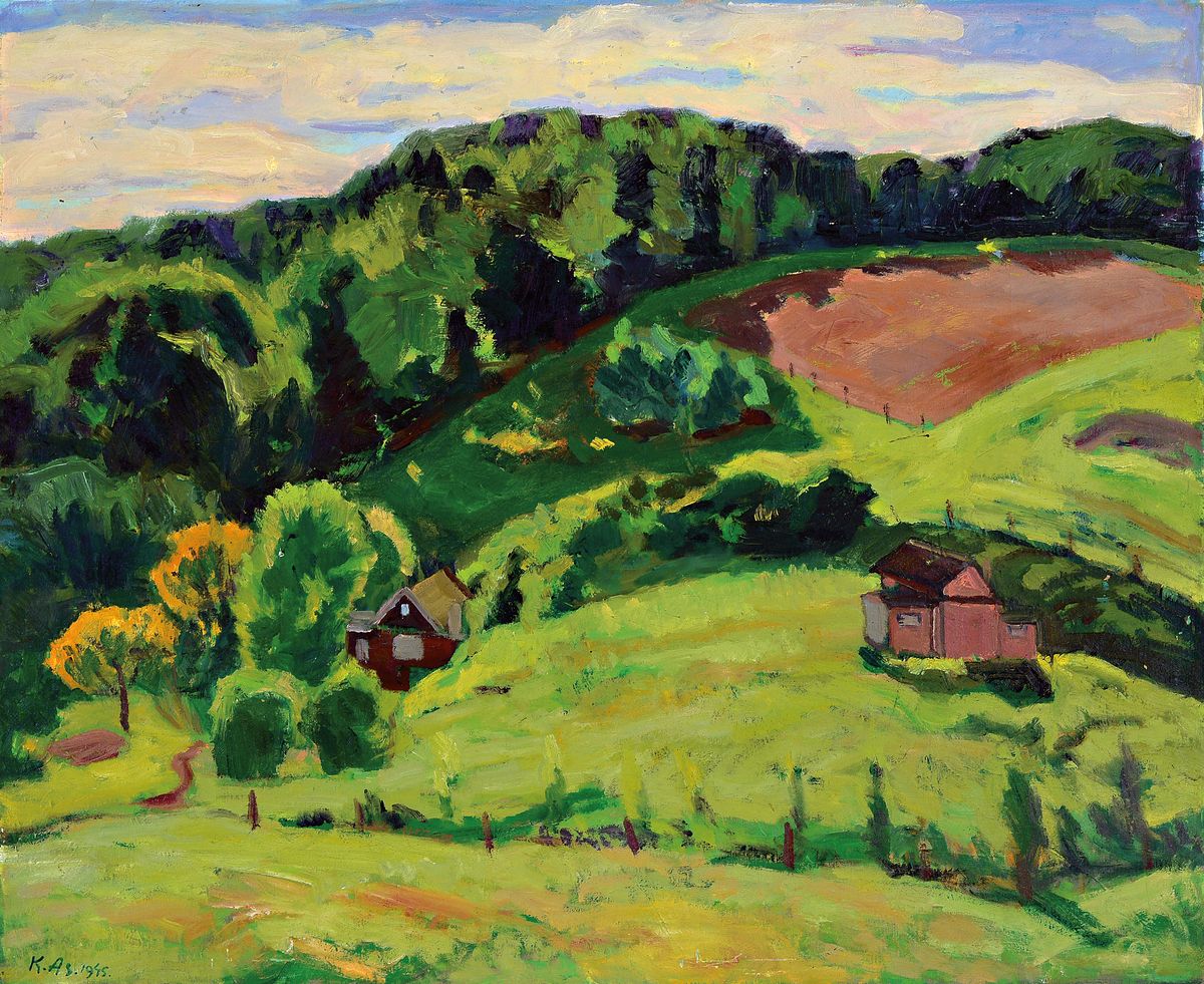 Kasar Asisoff, 1884-1958, 3 Ölgemälde, "Sommerhuse", 1945, 73x86 cm; Herbstlandschaft, 1948, 57x72 cm; Sonnenblumen, 61x72 cm; je ...