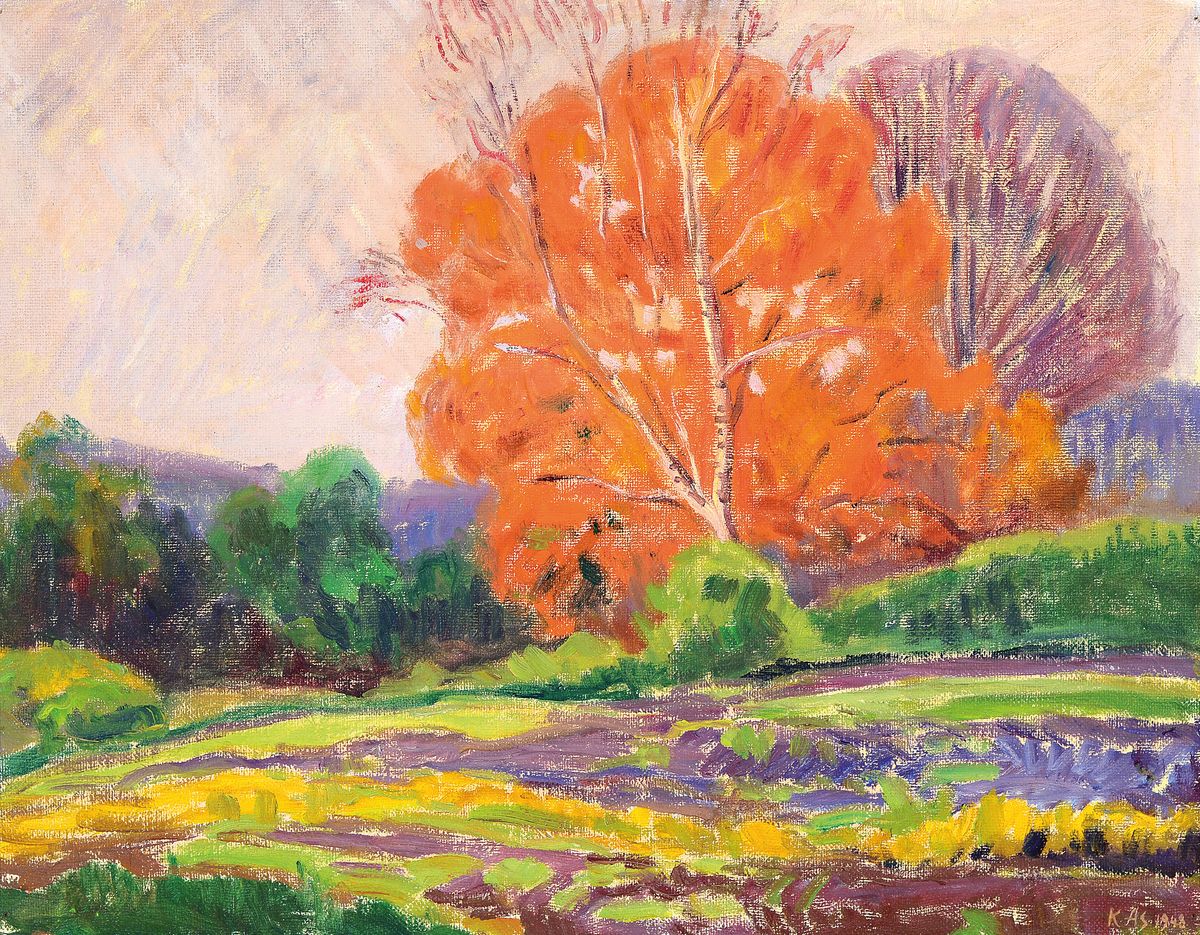 Detail a: Kasar Asisoff, 1884-1958, 3 Ölgemälde, "Sommerhuse", 1945, 73x86 cm; Herbstlandschaft, 1948, 57x72 cm; Sonnenblumen, 61x72 cm; je ...