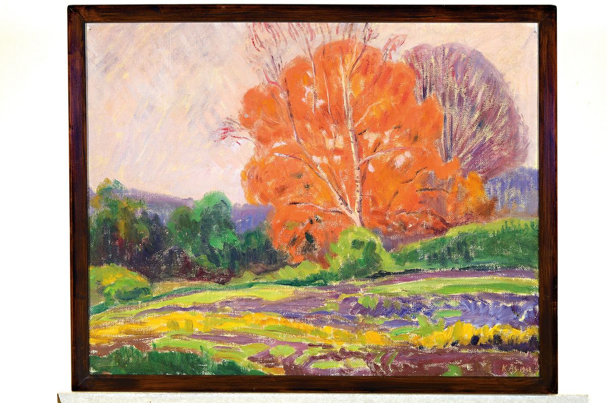 Detail l: Kasar Asisoff, 1884-1958, 3 Ölgemälde, "Sommerhuse", 1945, 73x86 cm; Herbstlandschaft, 1948, 57x72 cm; Sonnenblumen, 61x72 cm; je ...