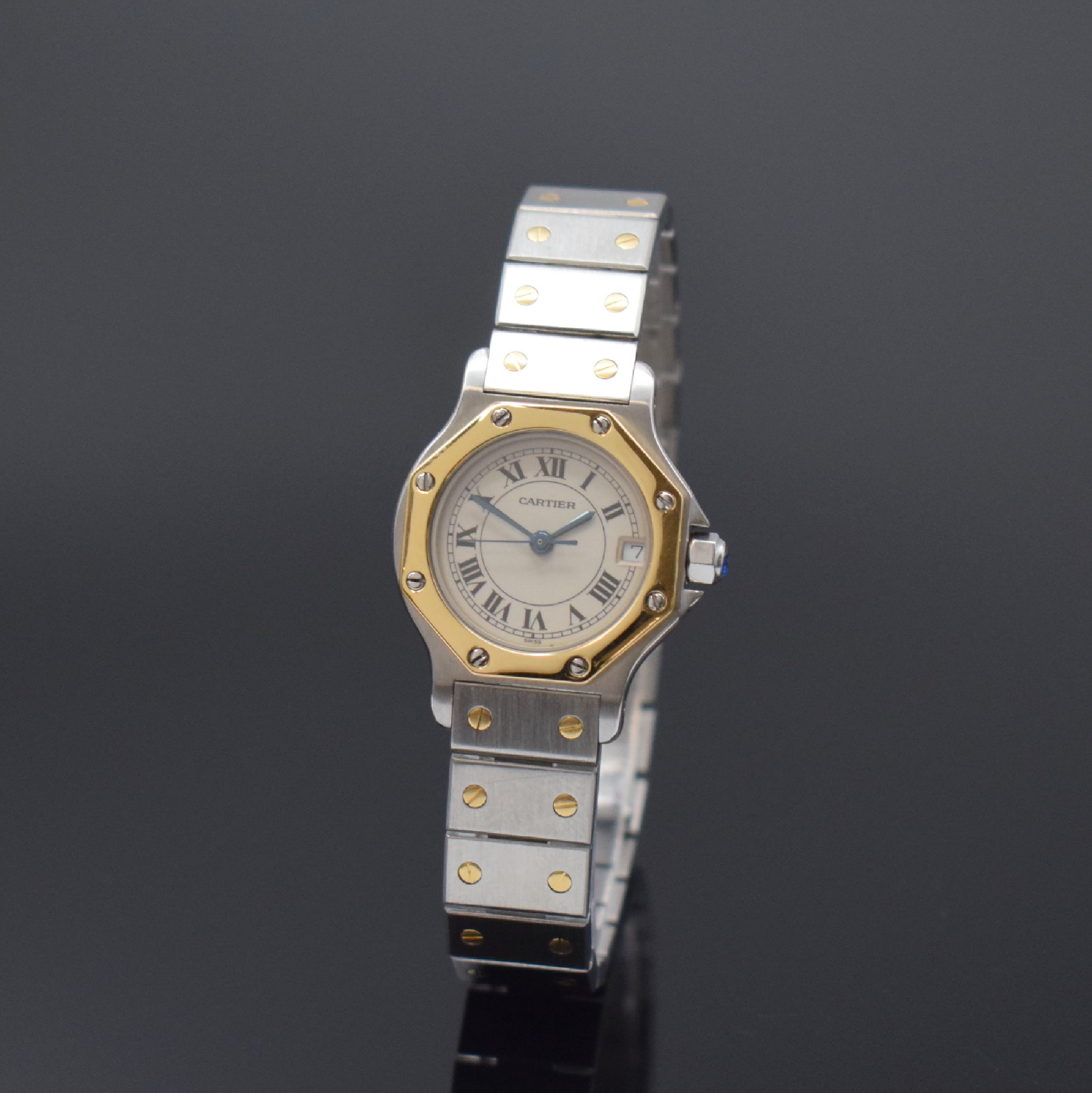 CARTIER Damenarmbanduhr Santos Ronde Referenz 187903, Schweiz um 1995, Edelstahl/Gold kombiniert inkl. Gliederband m. dopp. Faltschl., quarz, Boden ...