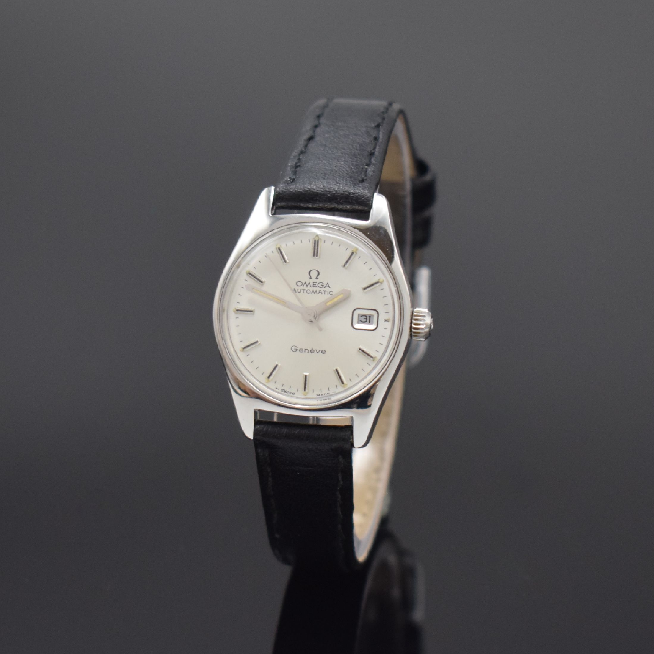 OMEGA Geneve Damenarmbanduhr Referenz 566.036, Automatik, Schweiz um 1970, Edelstahlgeh., Boden verschr., silb. Zifferbl. m. aufgel. Indizes, Werk ...