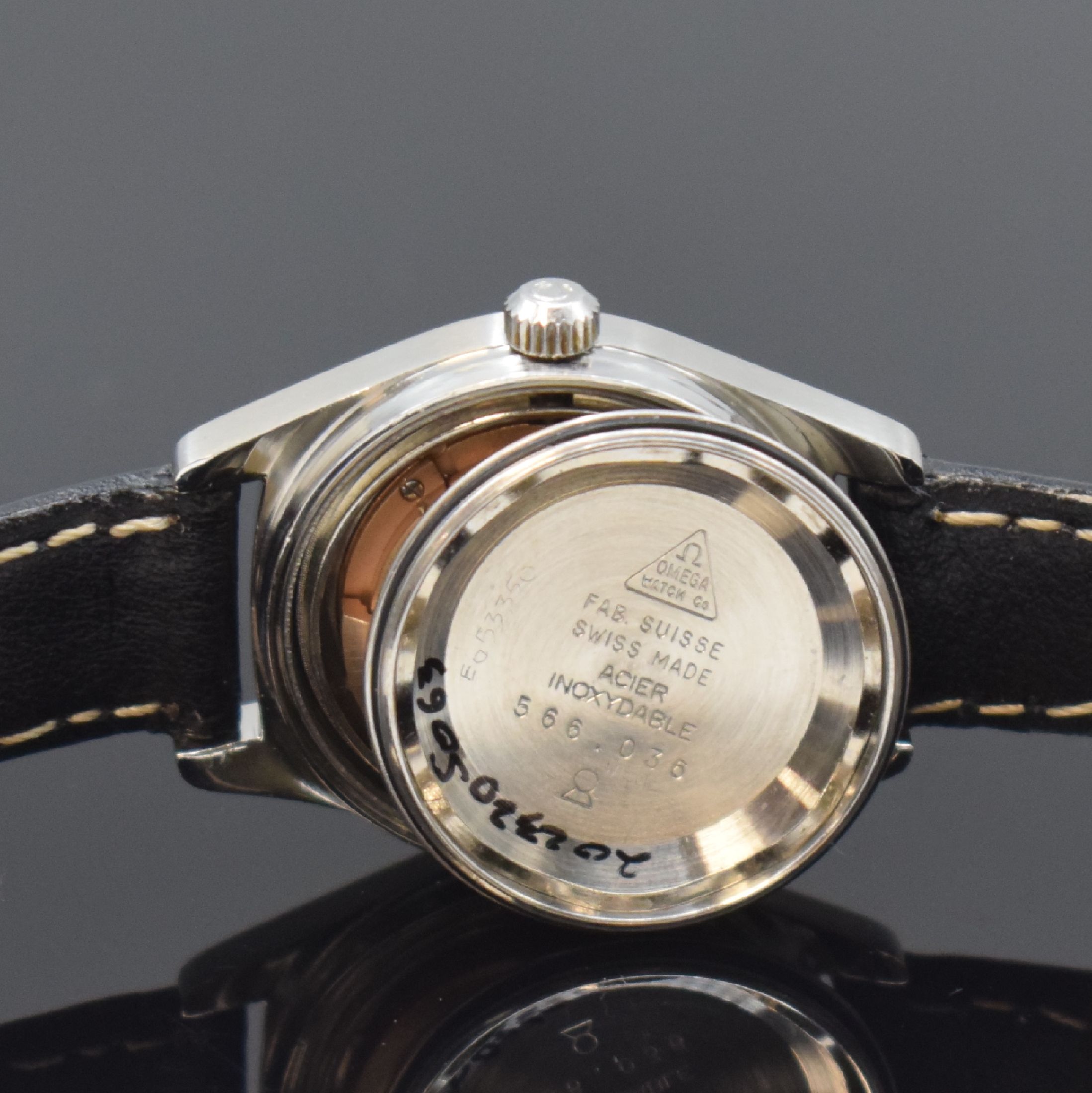 Detail f: OMEGA Geneve Damenarmbanduhr Referenz 566.036, Automatik, Schweiz um 1970, Edelstahlgeh., Boden verschr., silb. Zifferbl. m. aufgel. Indizes, Werk ...
