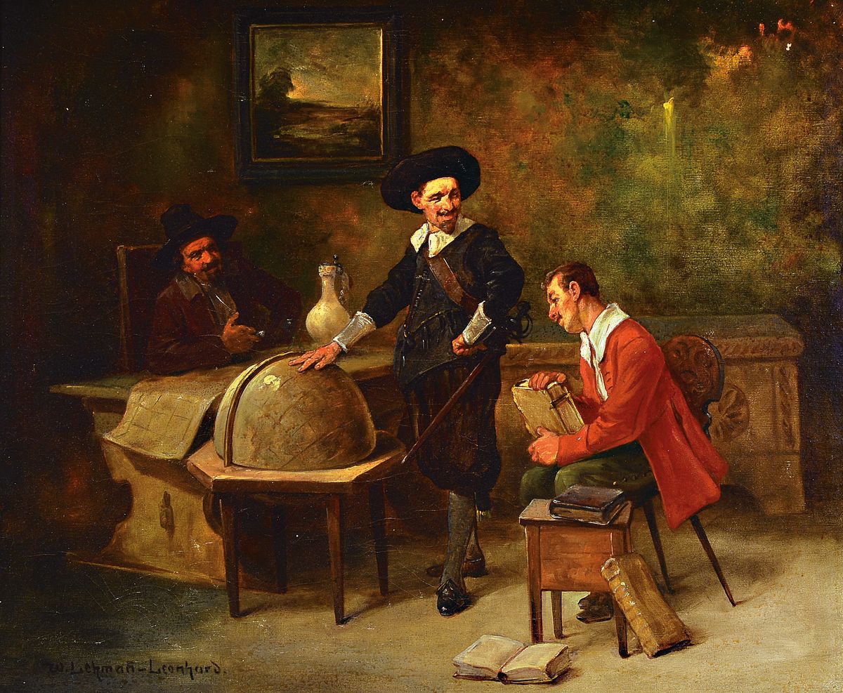 Wilhelm Lehmann-Leonhard, 1877 Dresden-1954 Ergoldsbach, Interieur mit Gelehrten um einen Globus, links unten signiert, Öl/Lwd, 53x62 cm, Rahmen ...